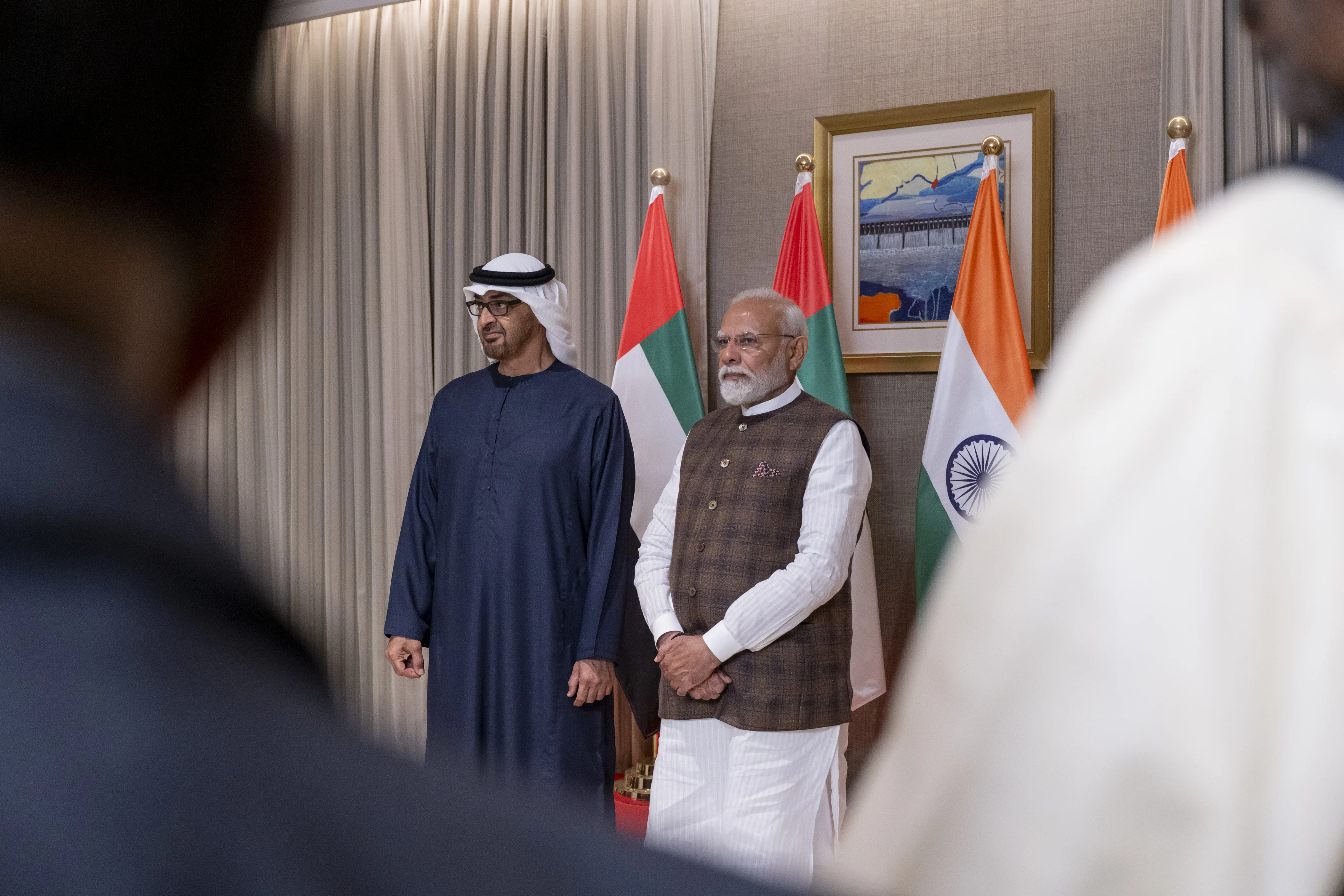 His Highness Sheikh Mohamed bin Zayed Al Nahyan, President of the United Arab Emirates and Narendra Modi, Prime Minister of India, witness an Memorandum of Understanding (MoU) exchange ceremony at The Leela Gandhinagar hotel, January 2024