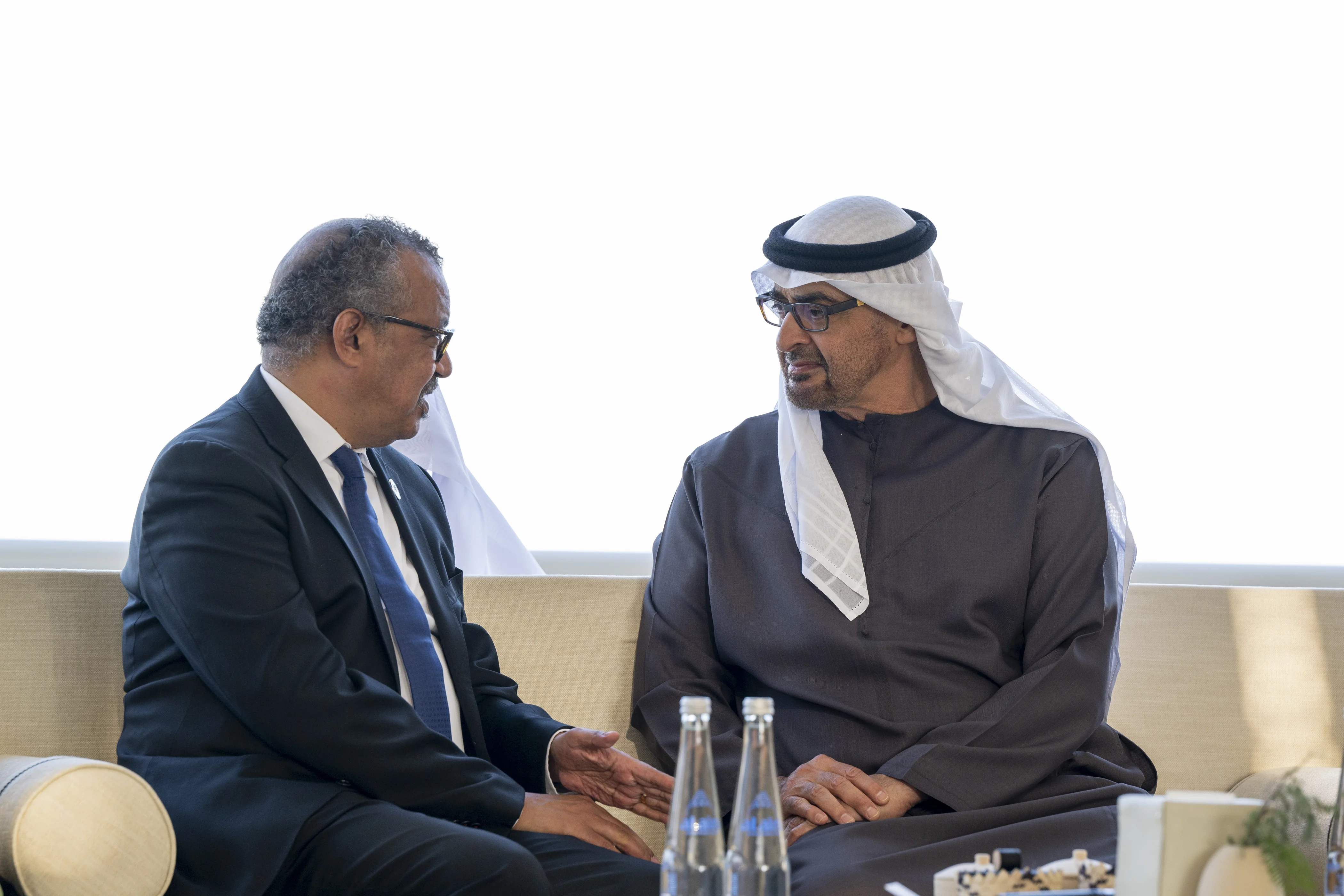 His Highness Sheikh Mohamed bin Zayed Al Nahyan, President of the United Arab Emirates, receives Dr Tedros Adhanom Ghebreyesus, Director General of the World Health Organization (WHO), during a Sea Palace barza, January 2024