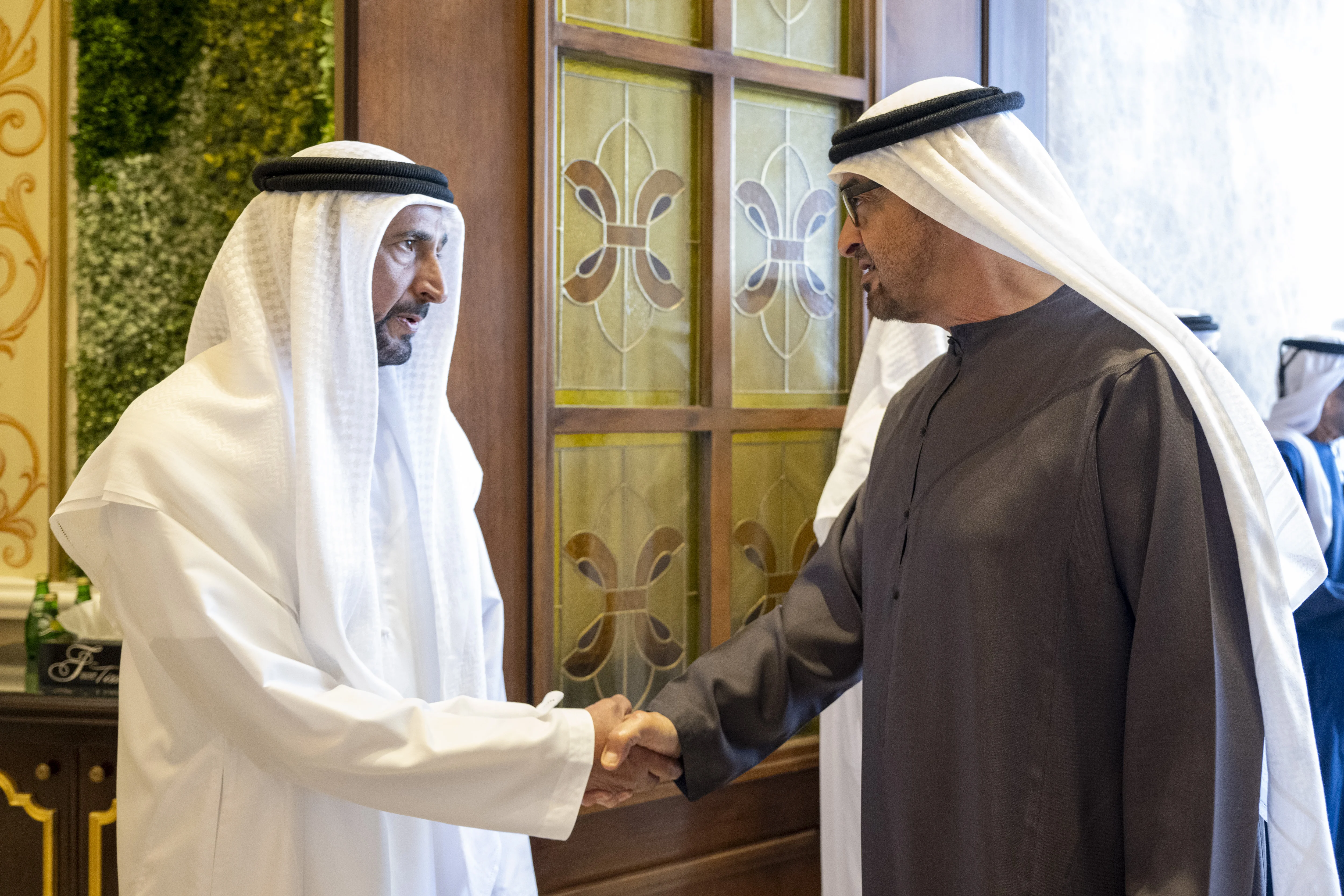 His Highness Sheikh Mohamed bin Zayed Al Nahyan, President of the United Arab Emirates, offers condolences to Sheikh Tahnoon bin Saeed bin Shakhboot Al Nahyan, on the passing of Sheikha Mahra bint Khaled bin Sultan Al Nahyan, January 2024