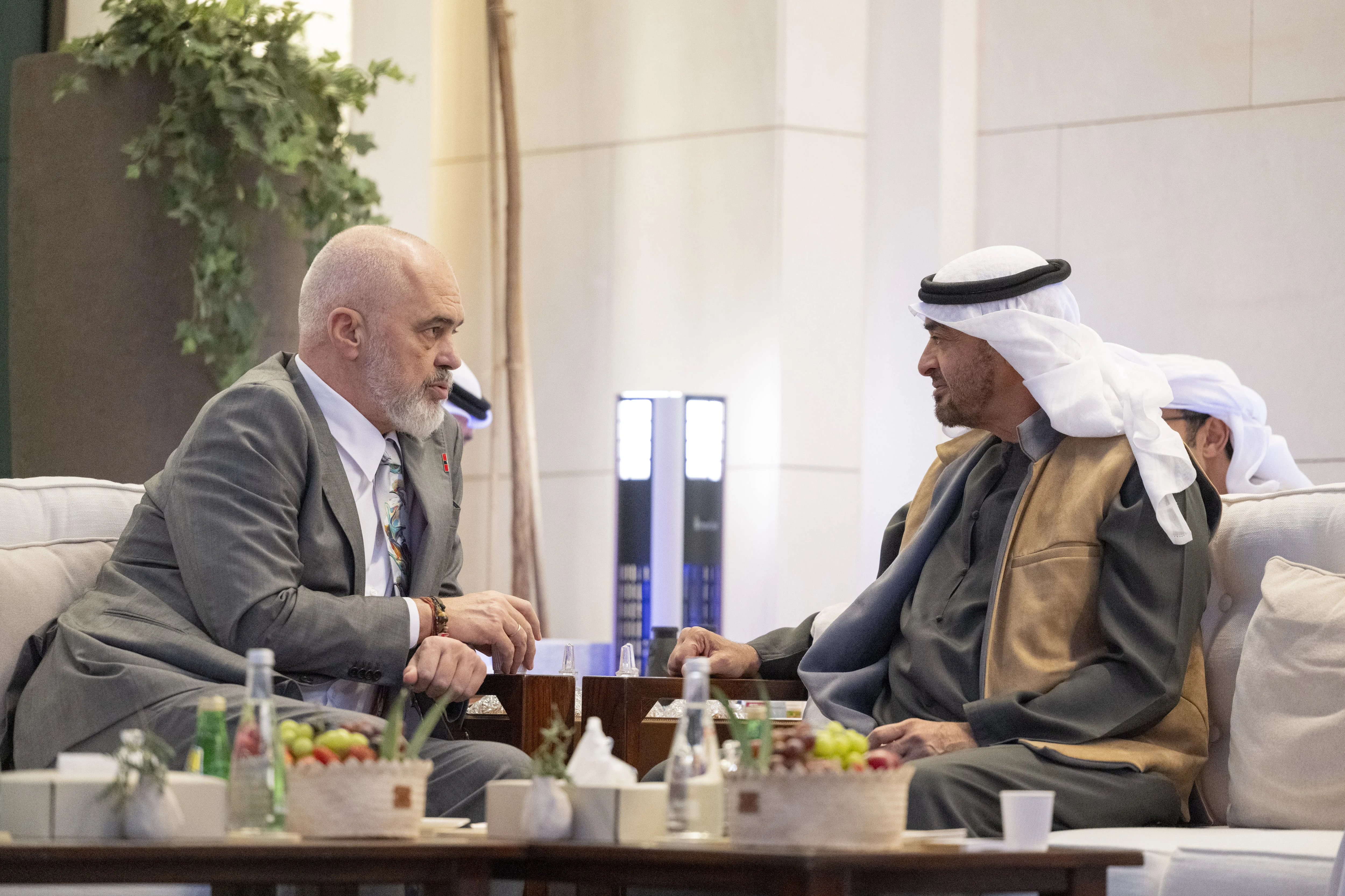 His Highness Sheikh Mohamed bin Zayed Al Nahyan, President of the United Arab Emirates, meets with Edi Rama, Prime Minister of Albania, at Shati Palace, February 2024