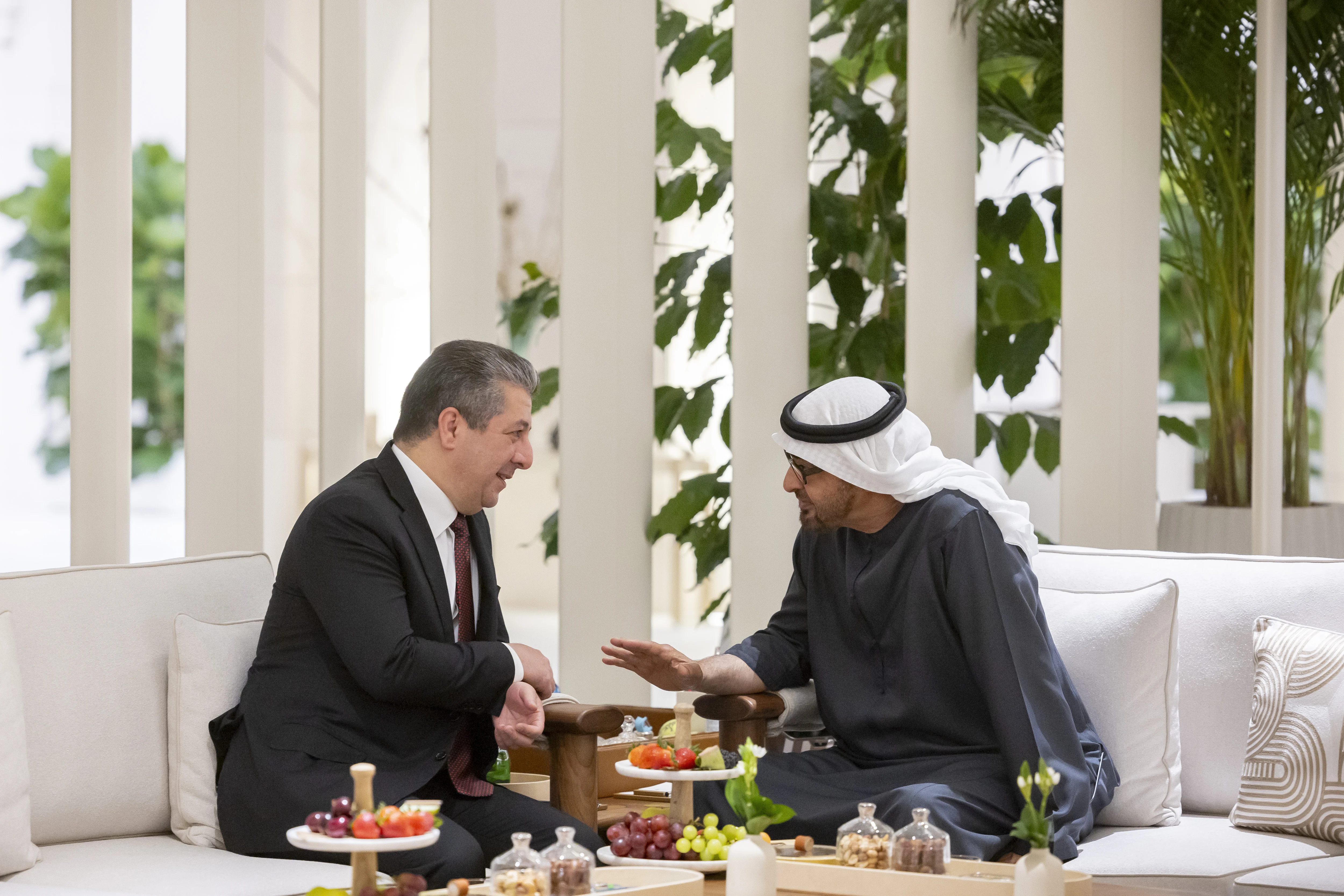 His Highness Sheikh Mohamed bin Zayed Al Nahyan, President of the United Arab Emirates, meets with Masrour Barzani, Prime Minister of the Kurdistan Region Government, at Shati Palace, February 2024