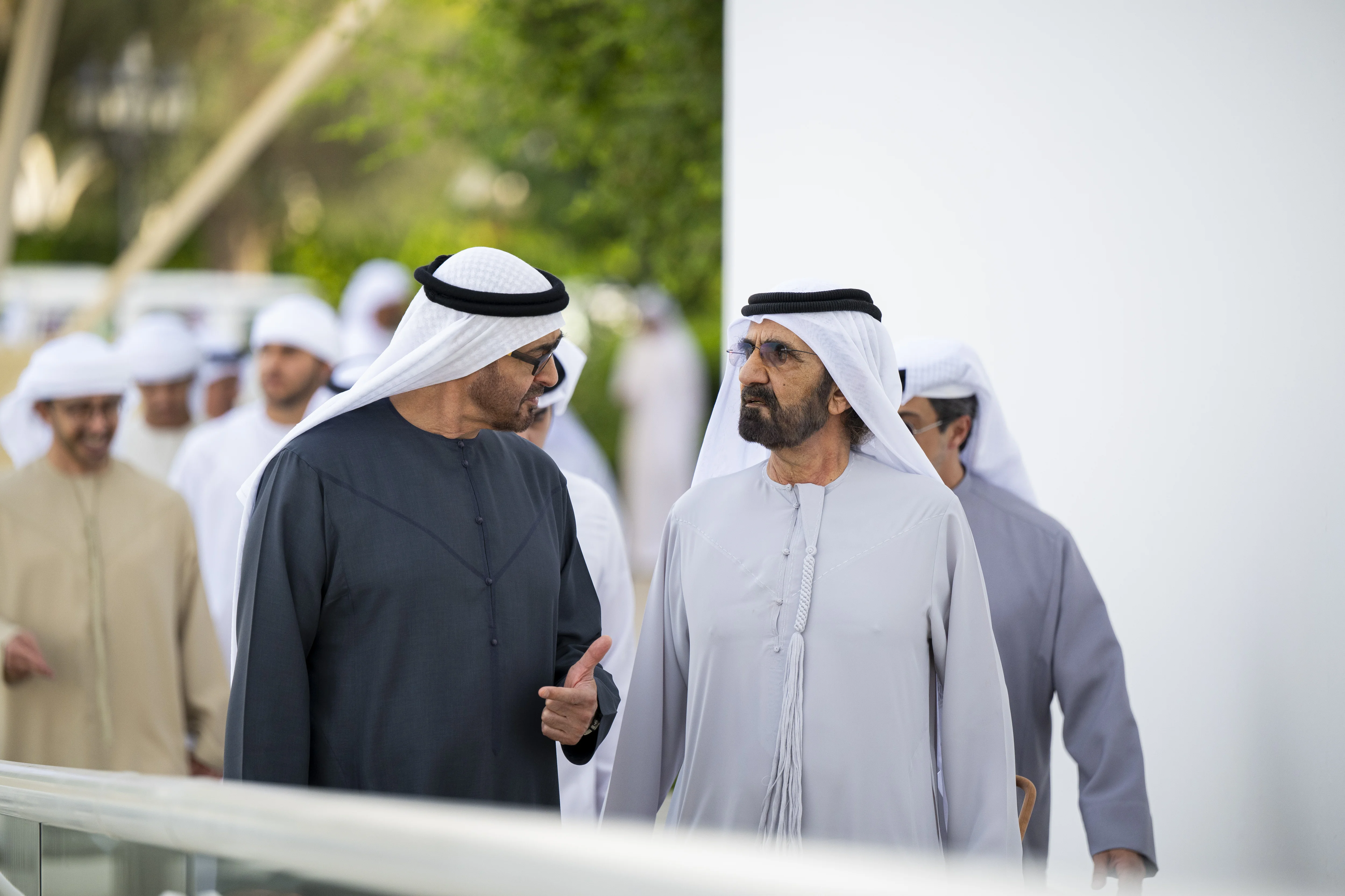 His Highness Sheikh Mohamed bin Zayed Al Nahyan, President of the United Arab Emirates, speaks with His Highness Sheikh Mohamed bin Rashid Al Maktoum, UAE Vice President, Prime Minister and Ruler of Dubai, during a Sea Palace barza, May 2024