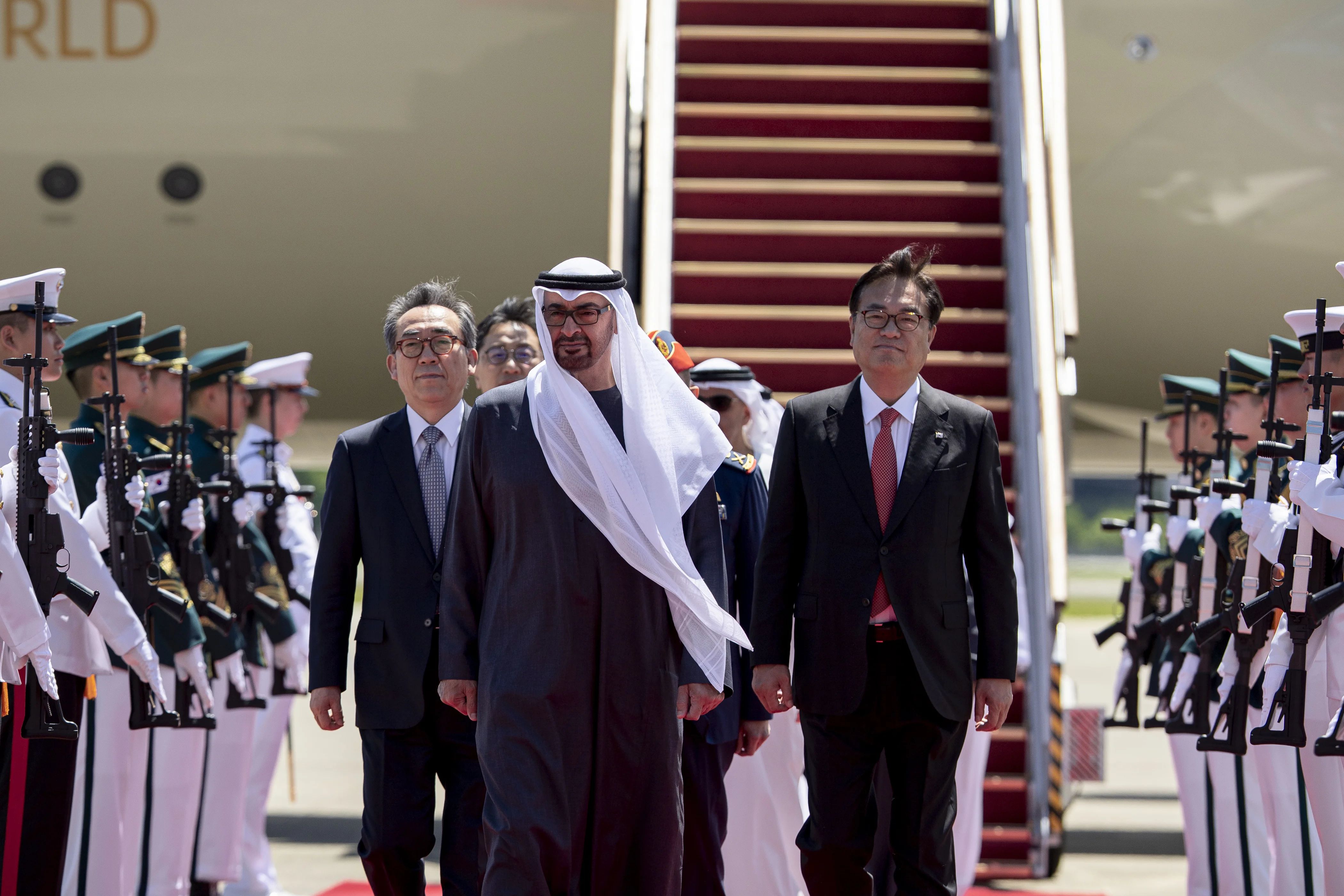 His Highness Sheikh Mohamed bin Zayed Al Nahyan, President of the United Arab Emirates, arrives at Seoul Air Base commencing a state visit. Seen with Cho Tae-Yul, Minister of Foreign Affairs of the Republic of Korea, May 2024