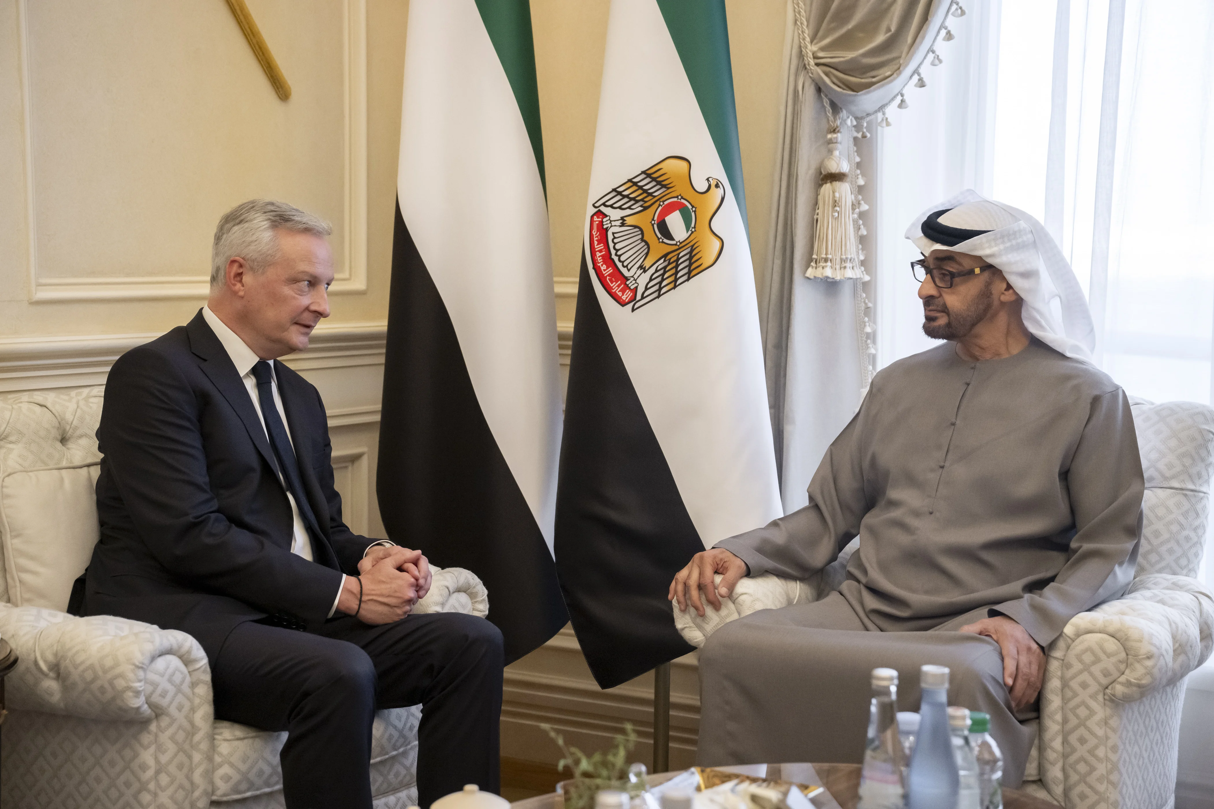 His Highness Sheikh Mohamed bin Zayed Al Nahyan, President of the United Arab Emirates meets Bruno Le Maire, Minister of the Economy, Finance and Recovery of France, at the Sea Palace, May 2024
