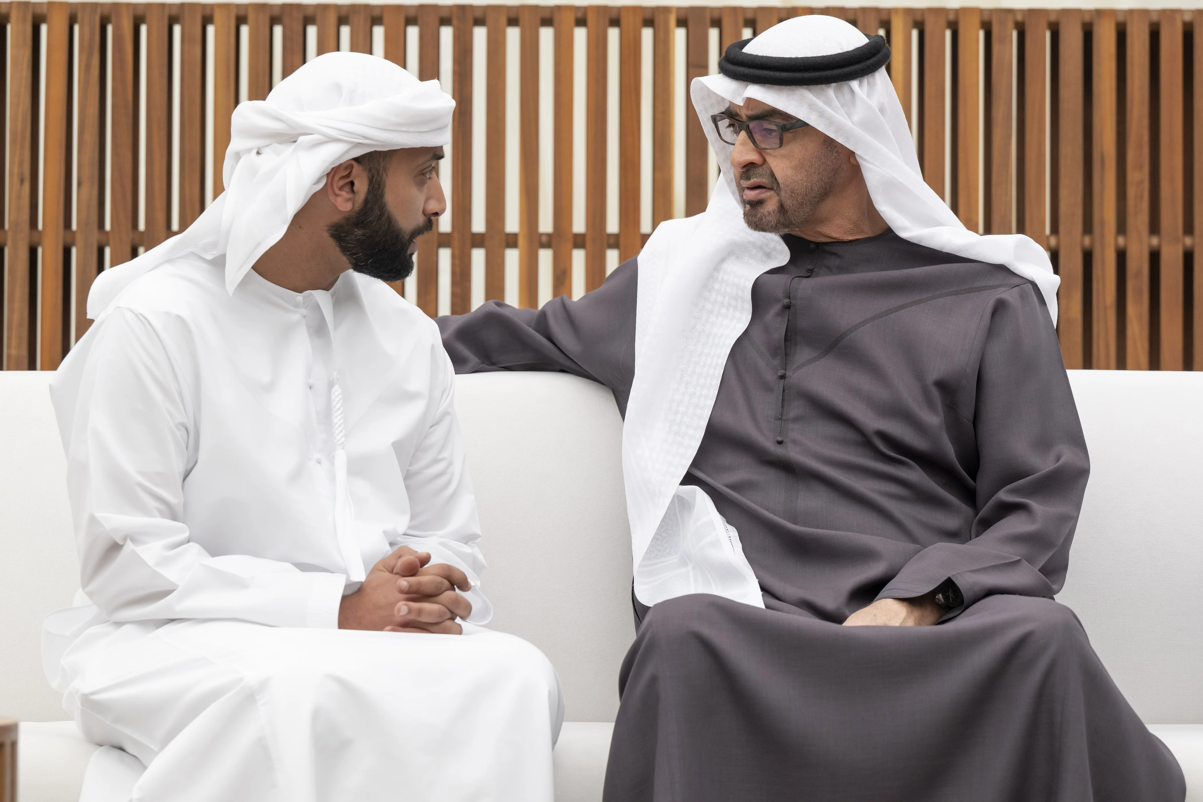 His Highness Sheikh Mohamed bin Zayed Al Nahyan, President of the United Arab Emirates speaks with Sheikh Dr Khaled bin Sultan bin Zayed Al Nahyan, during condolences on the passing of the late Sheikh Dr Hazza bin Sultan bin Zayed Al Nahyan, at Al Mushrif Palace, May 2024