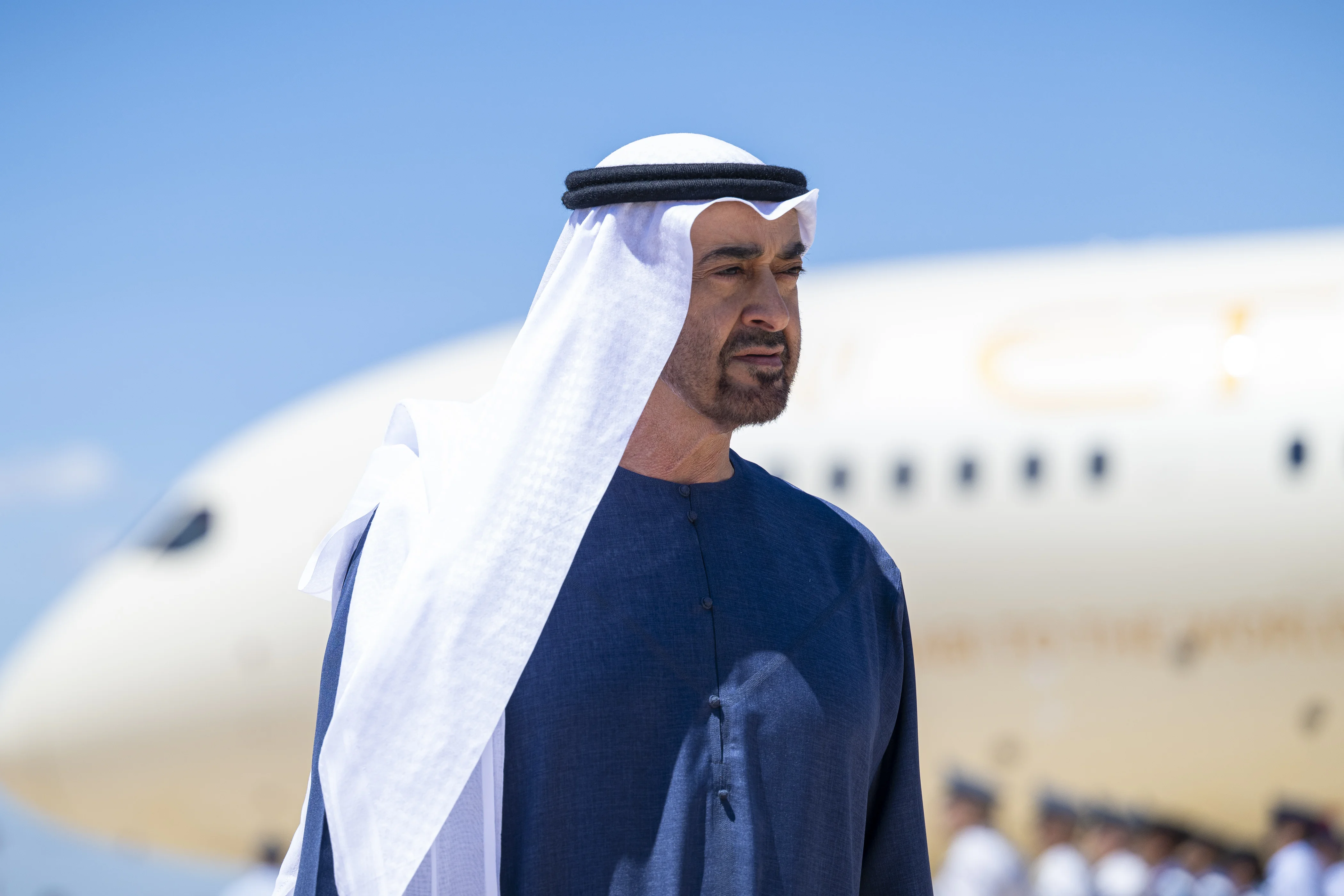 His Highness Sheikh Mohamed bin Zayed Al Nahyan, President of the United Arab Emirates, arrives at Bari International Airport to attend the G7 Italia 2024 summit, June 2024