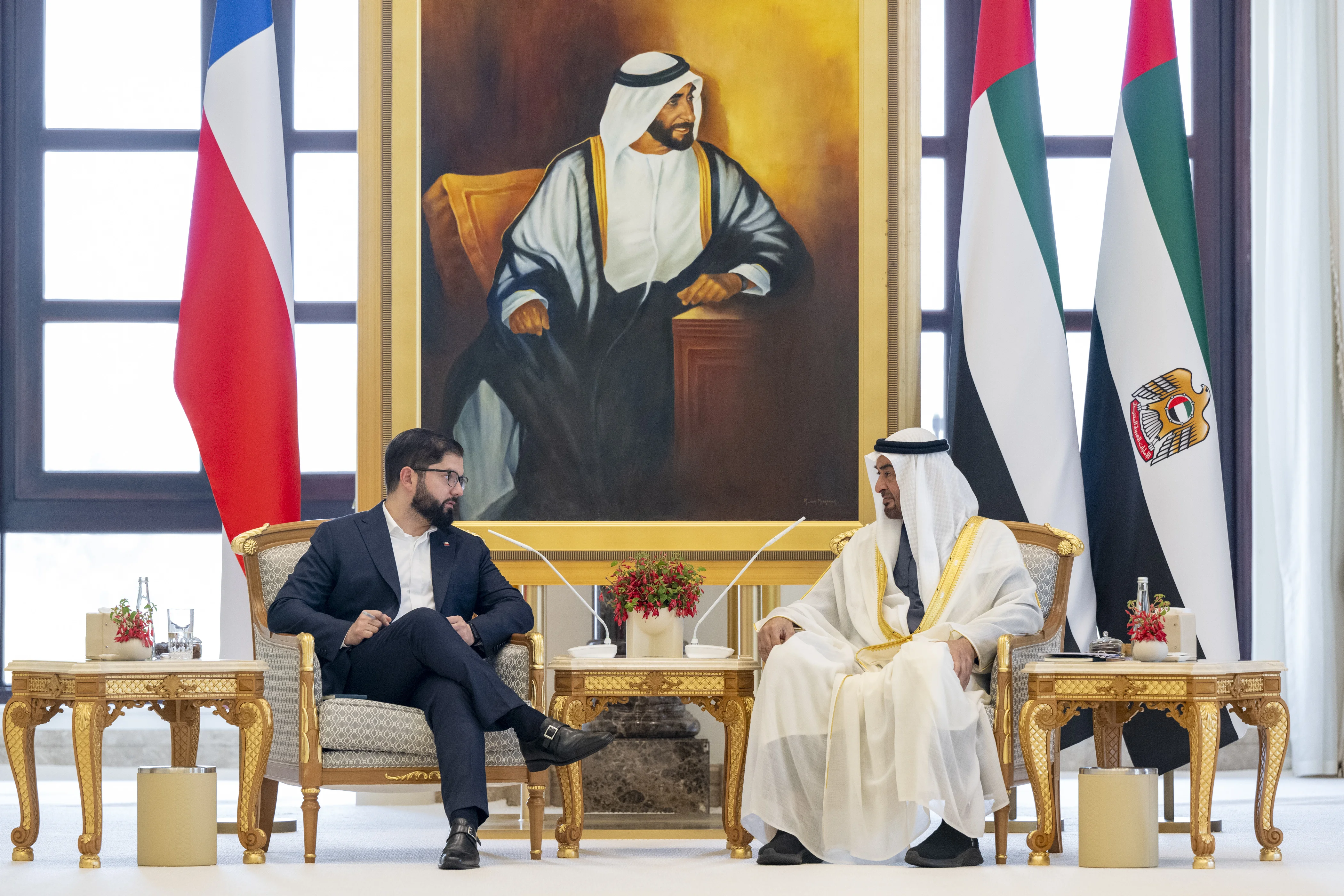 His Highness Sheikh Mohamed bin Zayed Al Nahyan, President of the United Arab Emirates, meets with Gabriel Boric Font, President of Chile, during an official reception, at Qasr Al Watan, July 2024