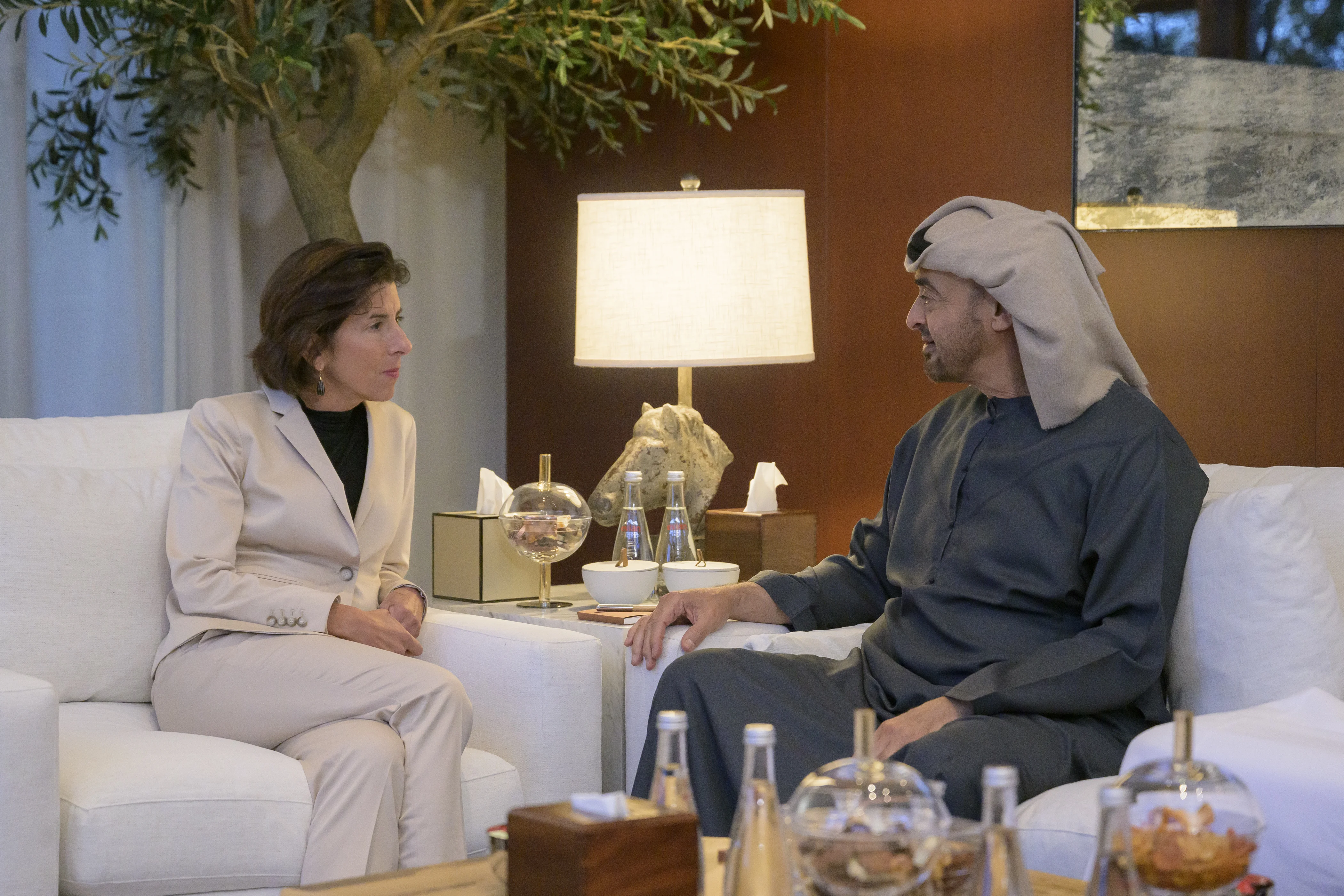 His Highness Sheikh Mohamed bin Zayed Al Nahyan, President of the United Arab Emirates, meets with Gina Raimondo, United States Secretary of Commerce, during an official visit to the United States, September 2024