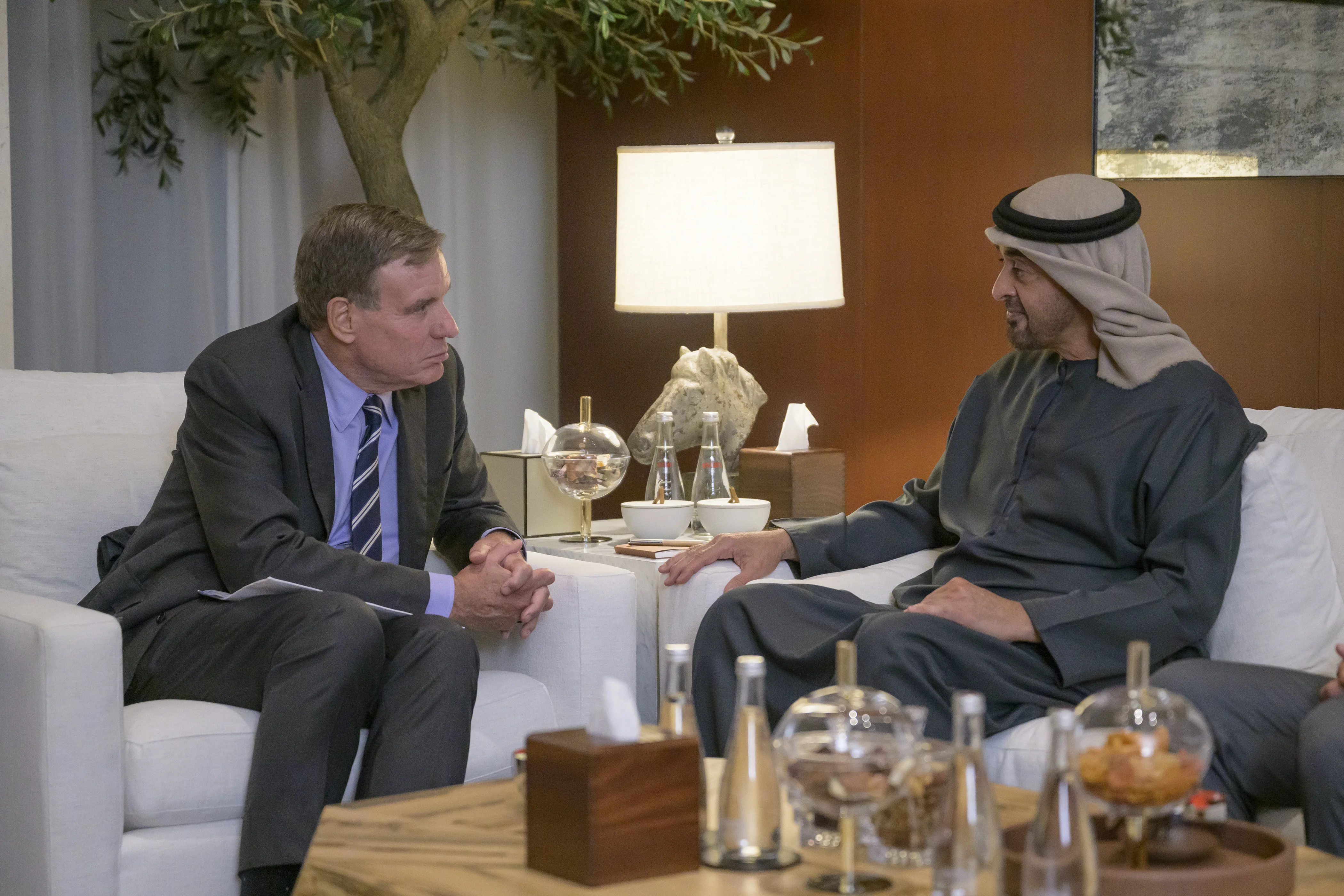 His Highness Sheikh Mohamed bin Zayed Al Nahyan, President of the United Arab Emirates, meets with Senator Mark Warner, United States Senator & Chairman of the Senate Select Committee on Intelligence, during an official visit to the United States, September 2024
