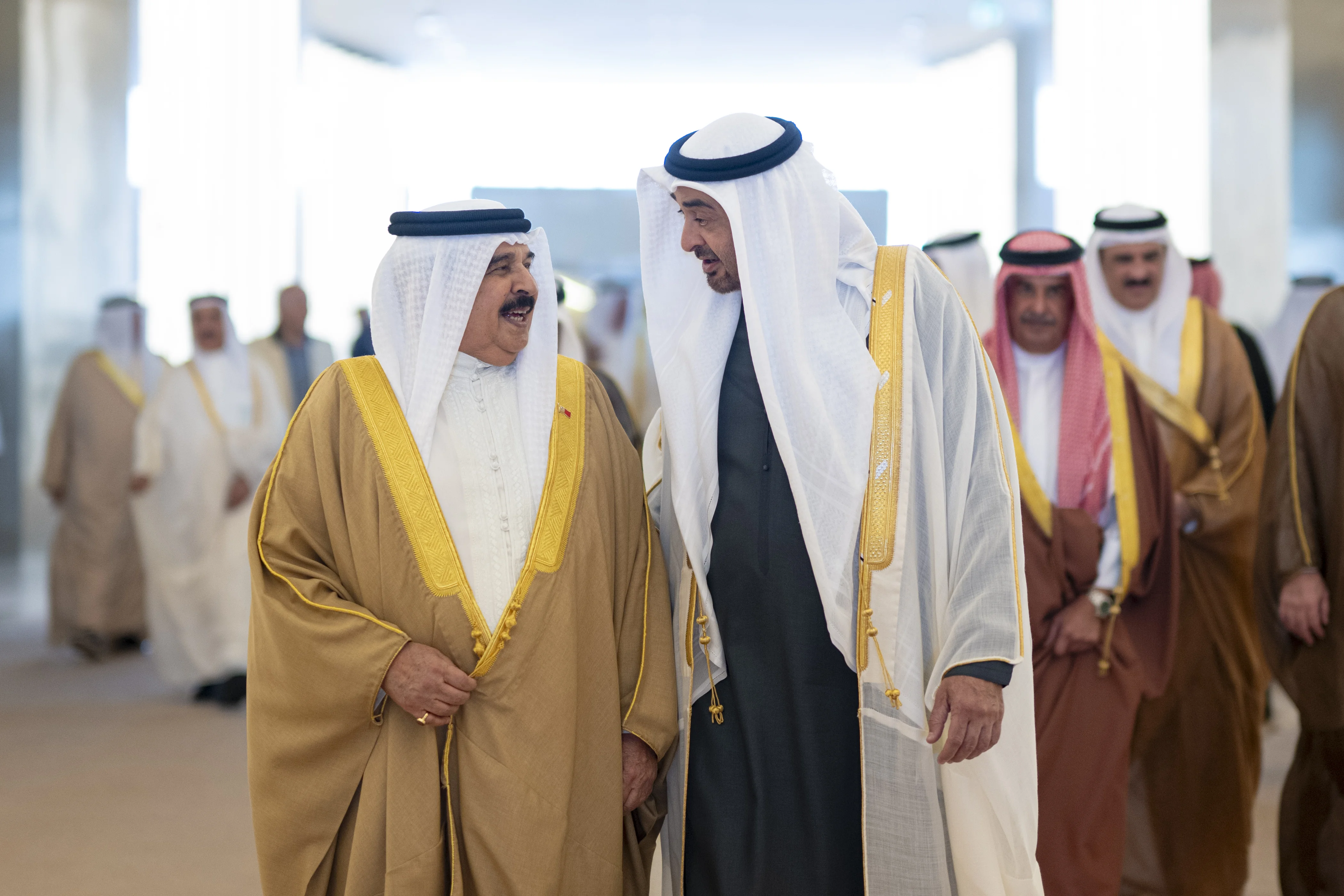 His Highness Sheikh Mohamed bin Zayed Al Nahyan, President of the United Arab Emirates, receives King Hamad bin Isa Al Khalifa, King of Bahrain, at the Presidential Airport, September 2024