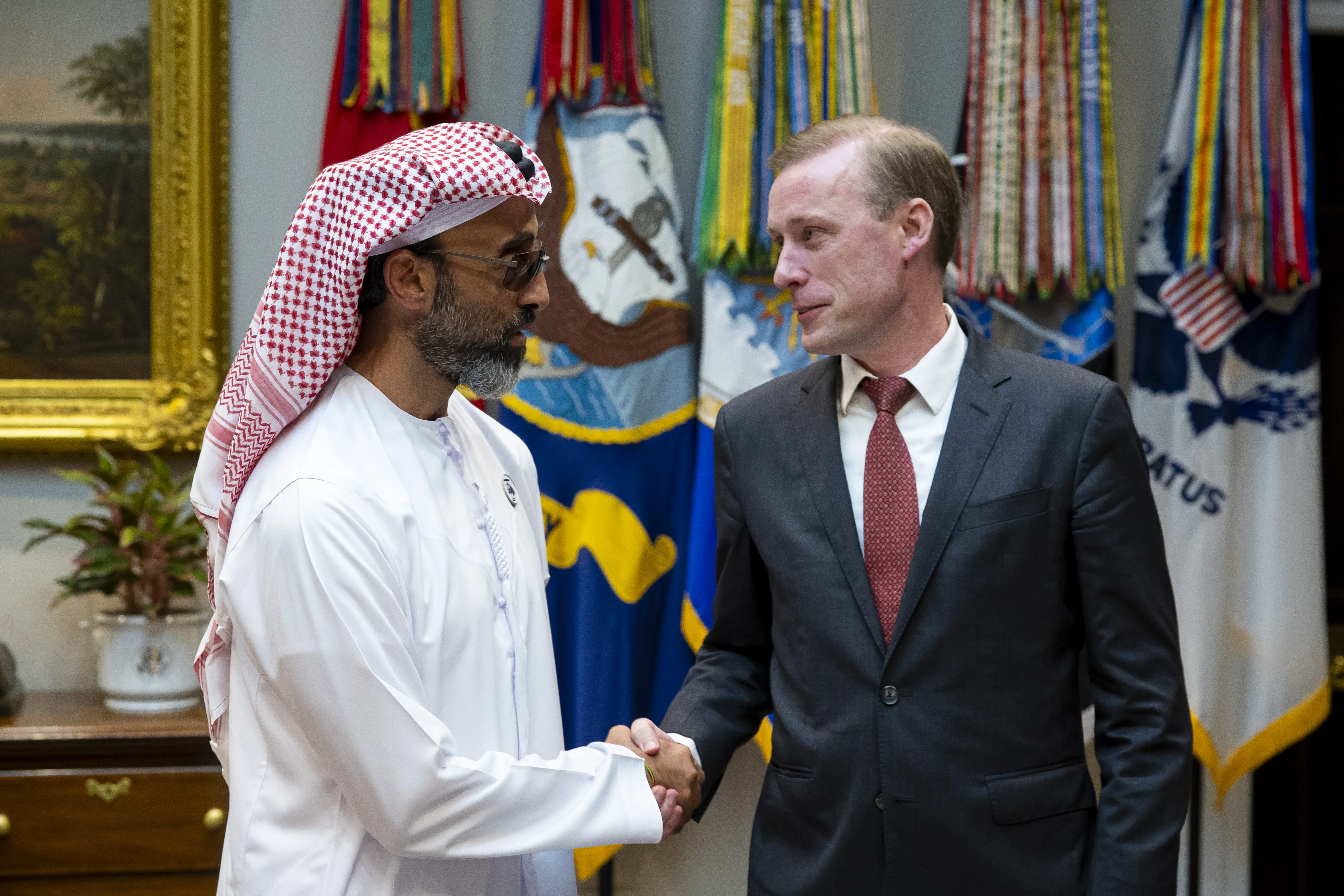 His Highness Sheikh Tahnoon bin Zayed Al Nahyan, Deputy Ruler of Abu Dhabi and UAE National Security Adviser, and Jake Sullivan, United States National Security Advisor, exchange a framework statement relating to cooperation in Artificial Intelligence, September 2024