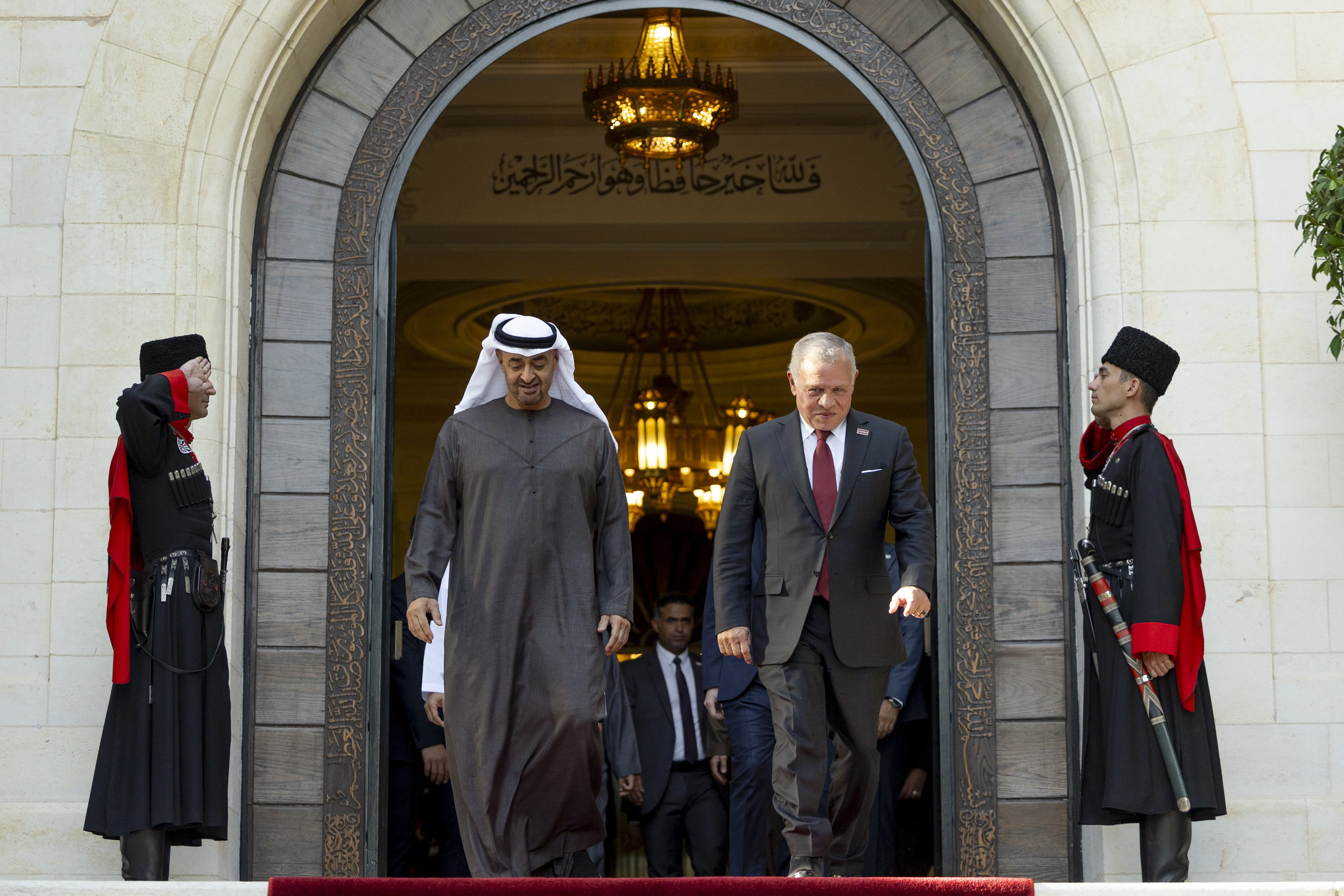 His Highness Sheikh Mohamed bin Zayed Al Nahyan, President of the United Arab Emirates and King Abdullah II, King of Jordan, depart Basman Palace, October 2024