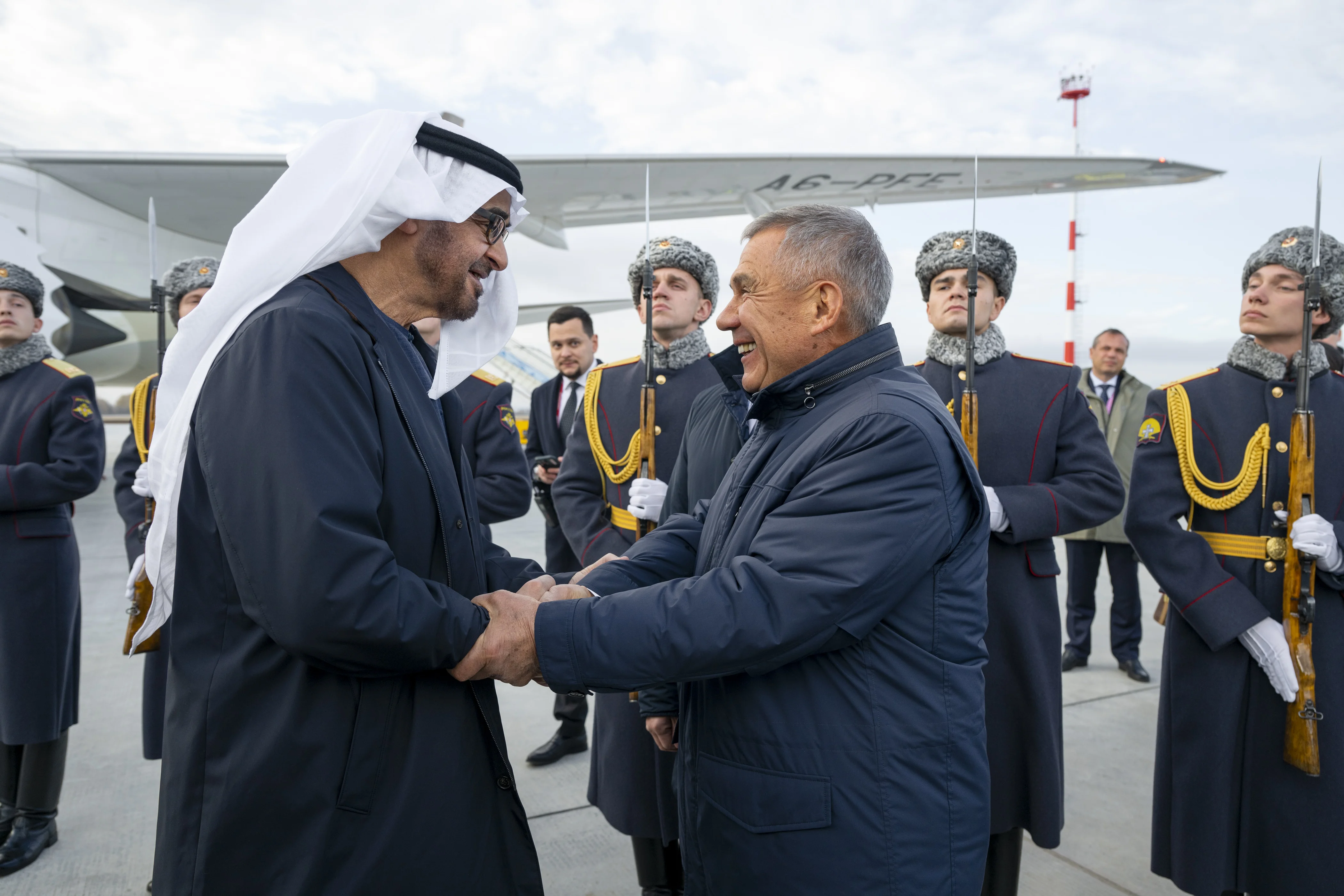 His Highness Sheikh Mohamed bin Zayed Al Nahyan, President of the United Arab Emirates, greets Rustam Minnikhanov, President of Tatarstan, upon arrival at Kazan International Airport to attend the BRICS 2024 summit, October 2024