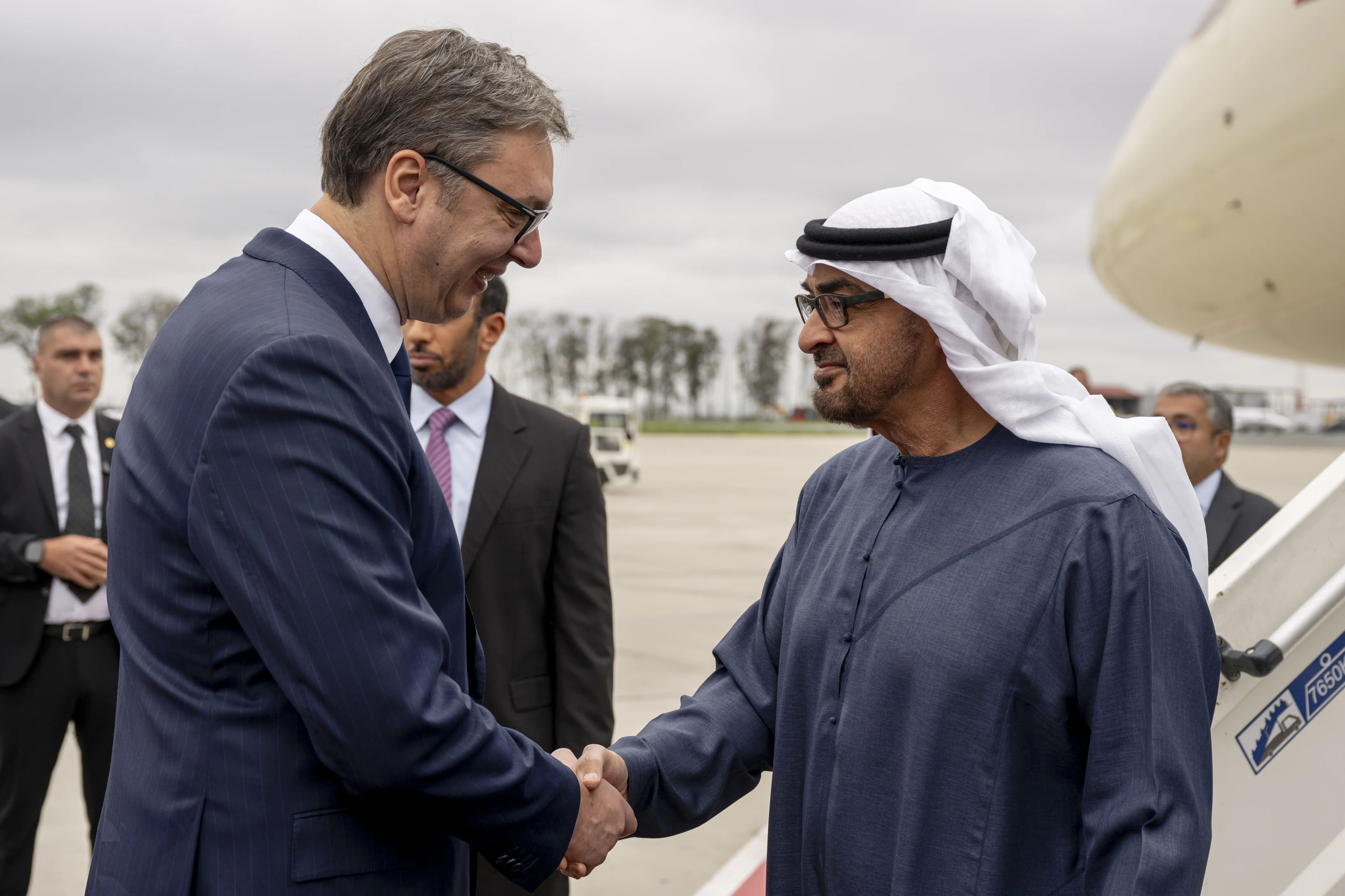 His Highness Sheikh Mohamed bin Zayed Al Nahyan, President of the United Arab Emirates is received by Aleksandar Vucic, President of Serbia upon arrival at Belgrade Nikola Tesla Airport, October 2024