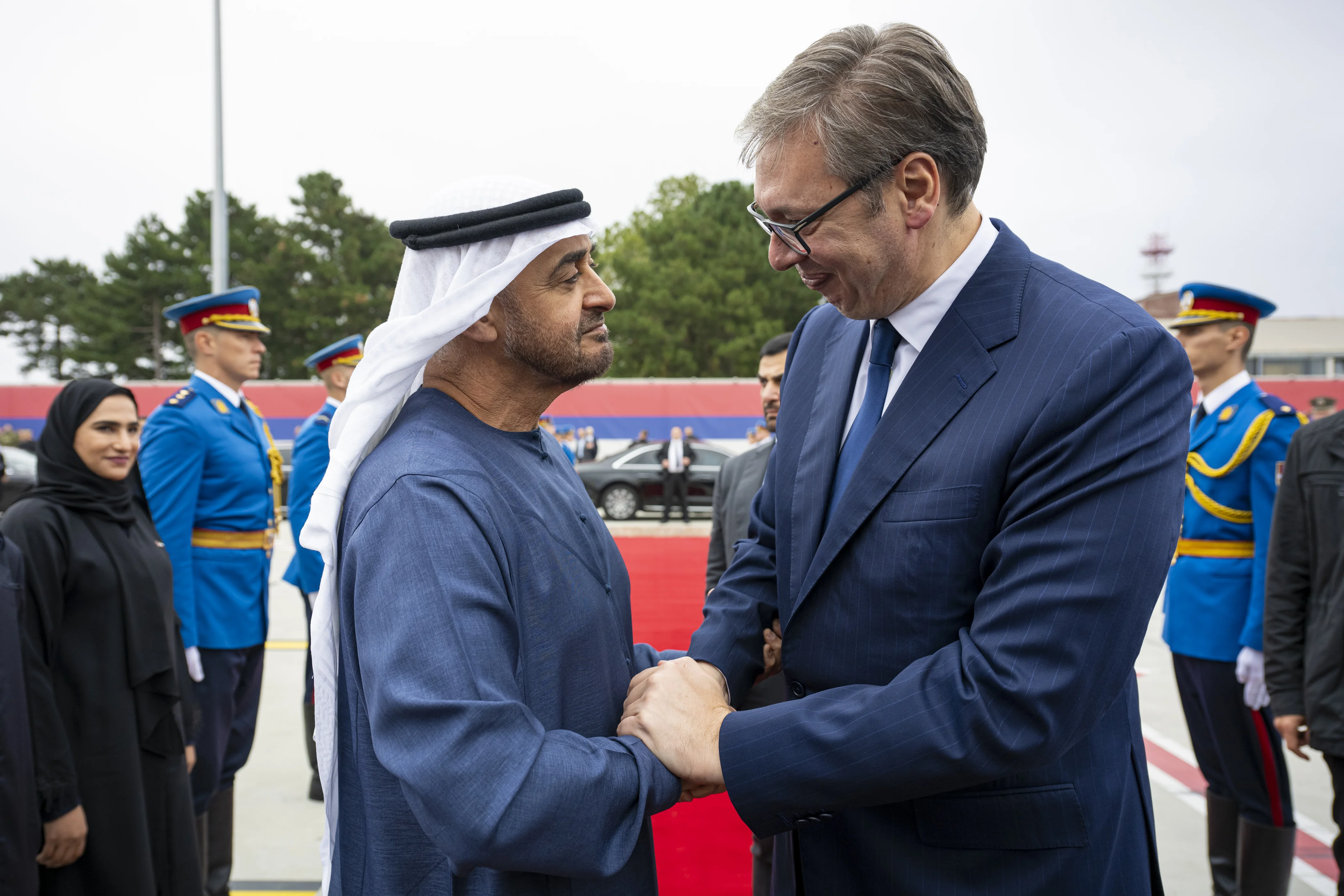 His Highness Sheikh Mohamed bin Zayed Al Nahyan, President of the United Arab Emirates bids farewell to Aleksandar Vucic, President of Serbia at Belgrade Nikola Tesla Airport, concluding a working visit to Serbia, October 2024