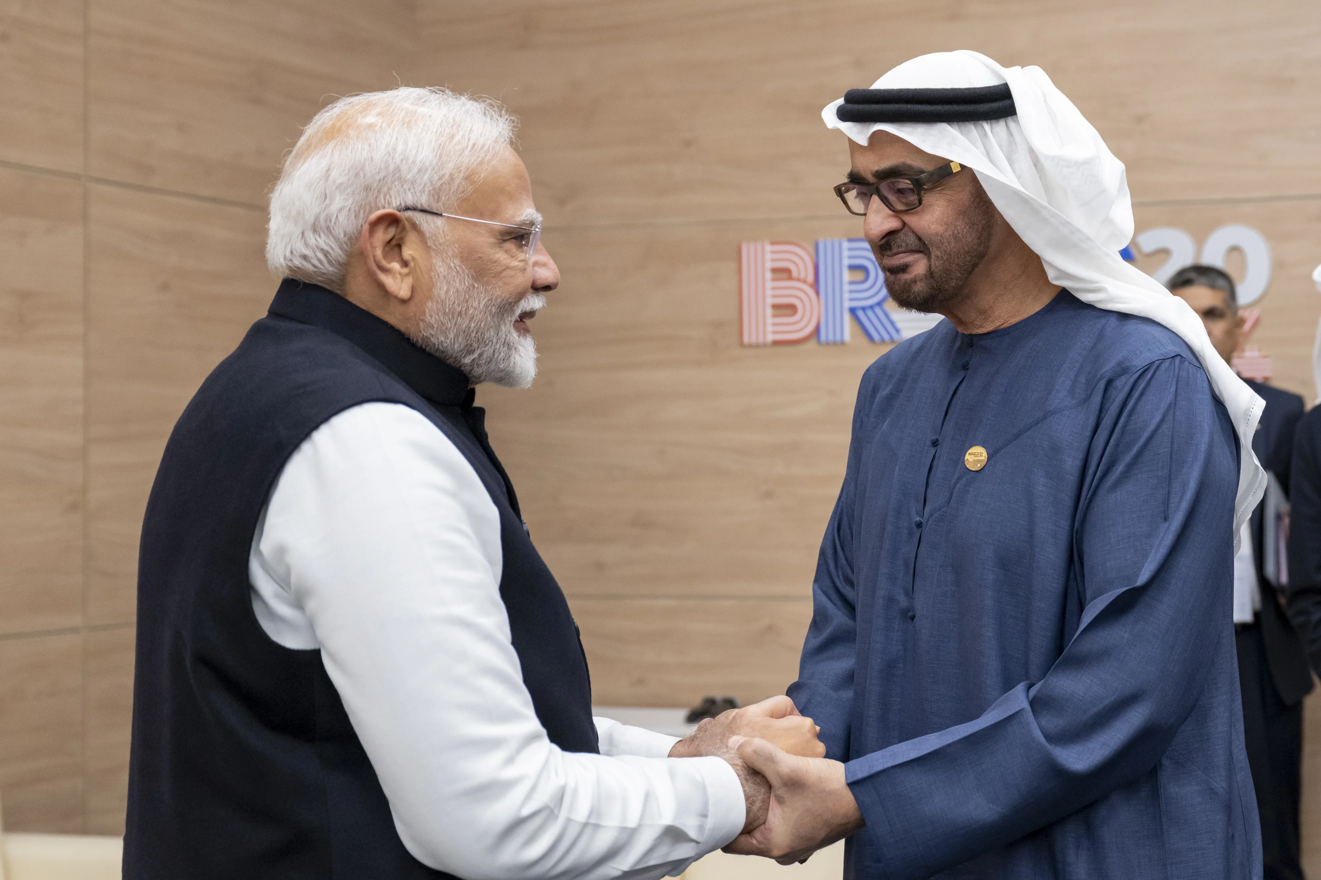 His Highness Sheikh Mohamed bin Zayed Al Nahyan, President of the United Arab Emirates, greets Narendra Modi, Prime Minister of India, during the BRICS 2024 summit, October 2024