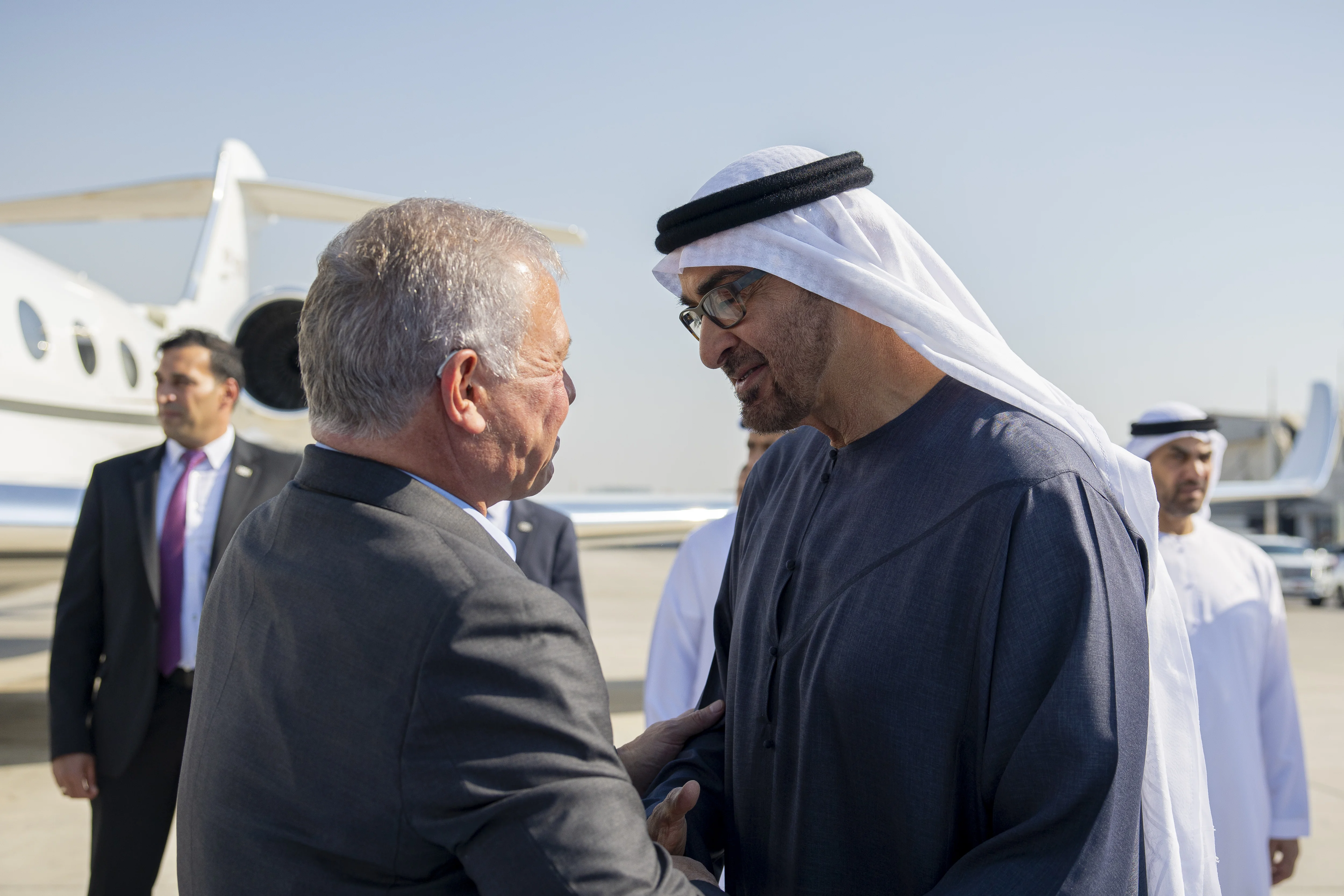 His Highness Sheikh Mohamed bin Zayed Al Nahyan, President of the United Arab Emirates, receives King Abdullah II, King of Jordan, at Al Bateen Airport, November 2024