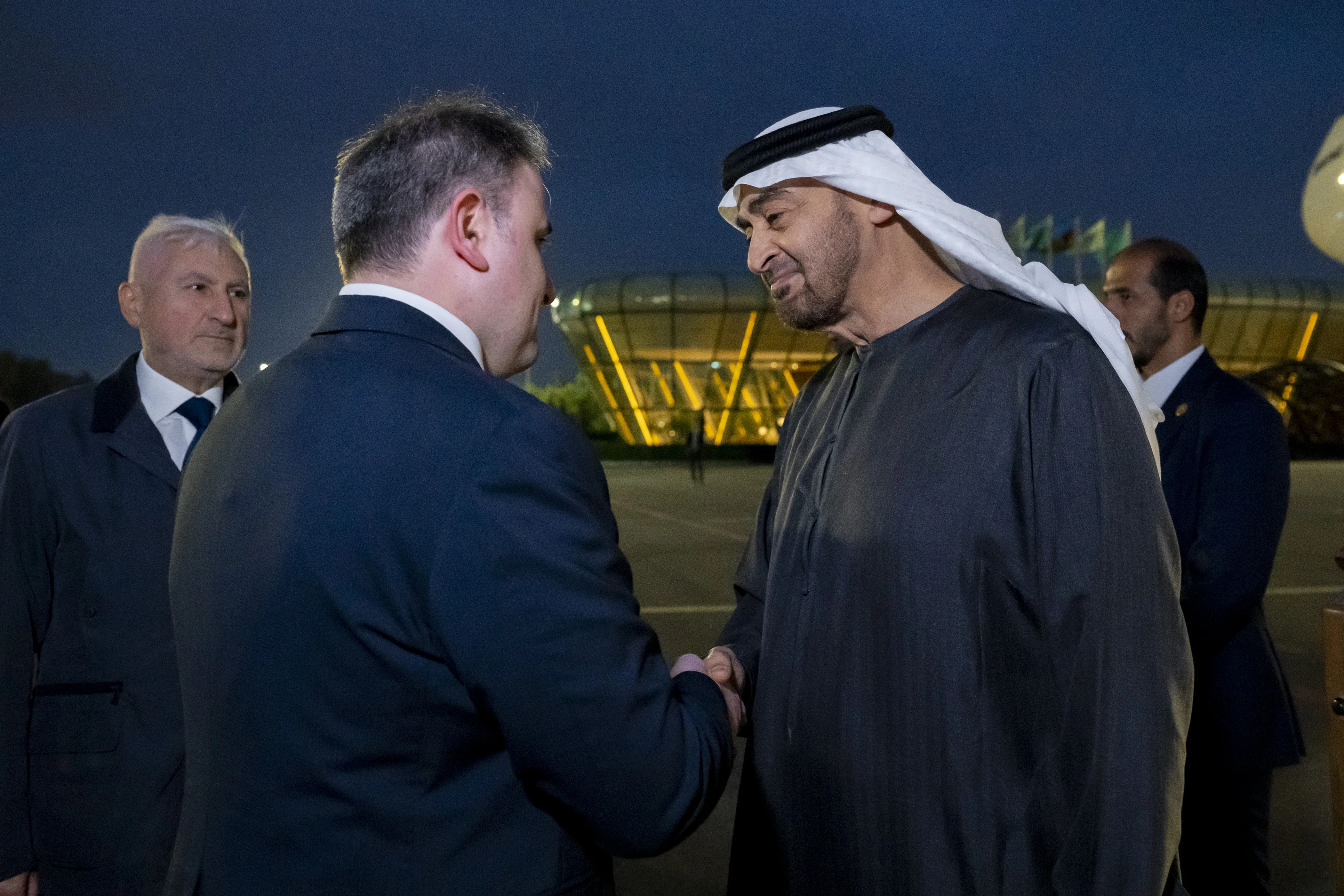 His Highness Sheikh Mohamed bin Zayed Al Nahyan, President of the United Arab Emirates, is received by Vugar Valeh oglu Mustafayev, Minister of Defence Industry of Azerbaijan, upon arriving at Heydar Aliyev International Airport, ahead of the 2024 United Nations Climate Change Conference (COP29), November 2024