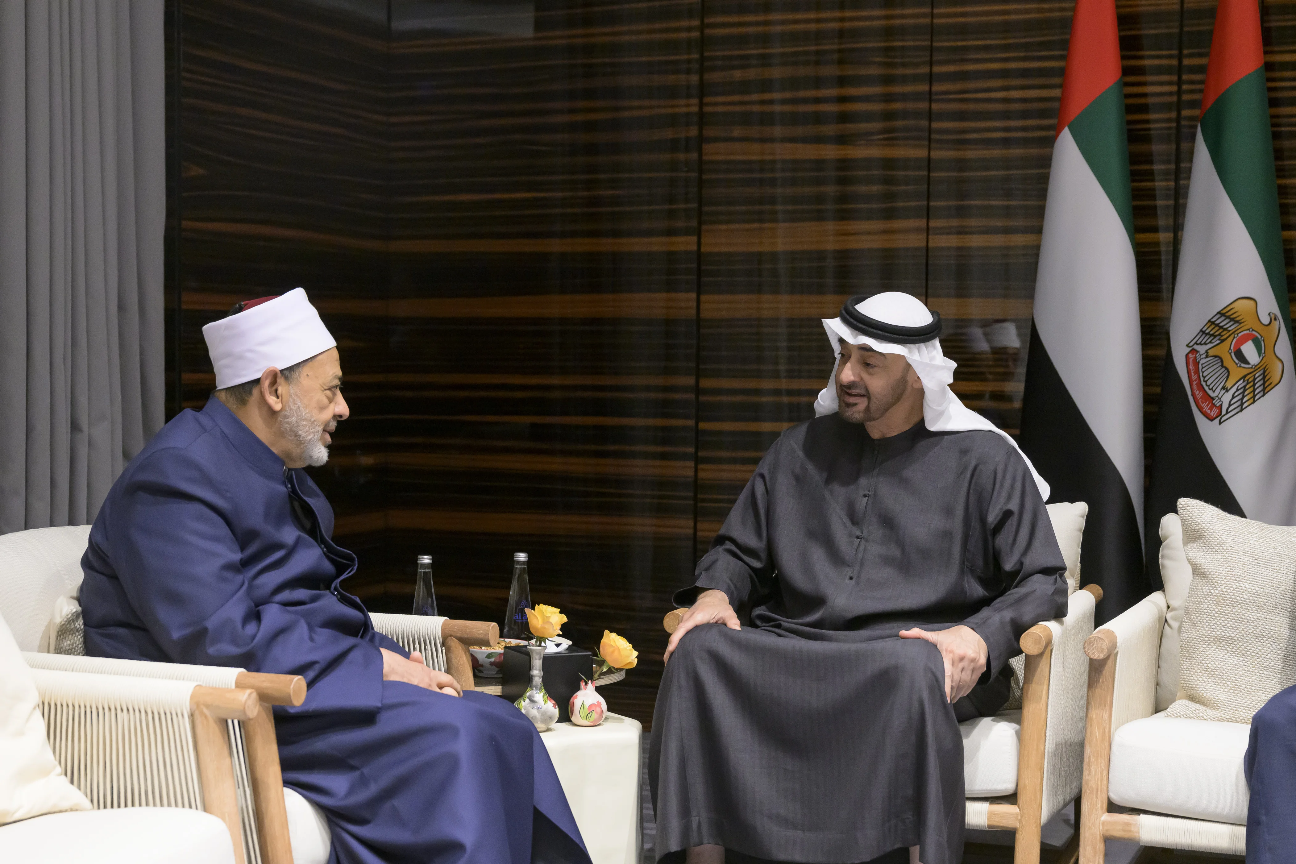 His Highness Sheikh Mohamed bin Zayed Al Nahyan, President of the United Arab Emirates, meets with His Eminence Dr Ahmed Al Tayeb, Grand Imam of Al Azhar and Chairman of the Muslim Council of Elders, ahead of the 2024 United Nations Climate Change Conference (COP29), November 2024