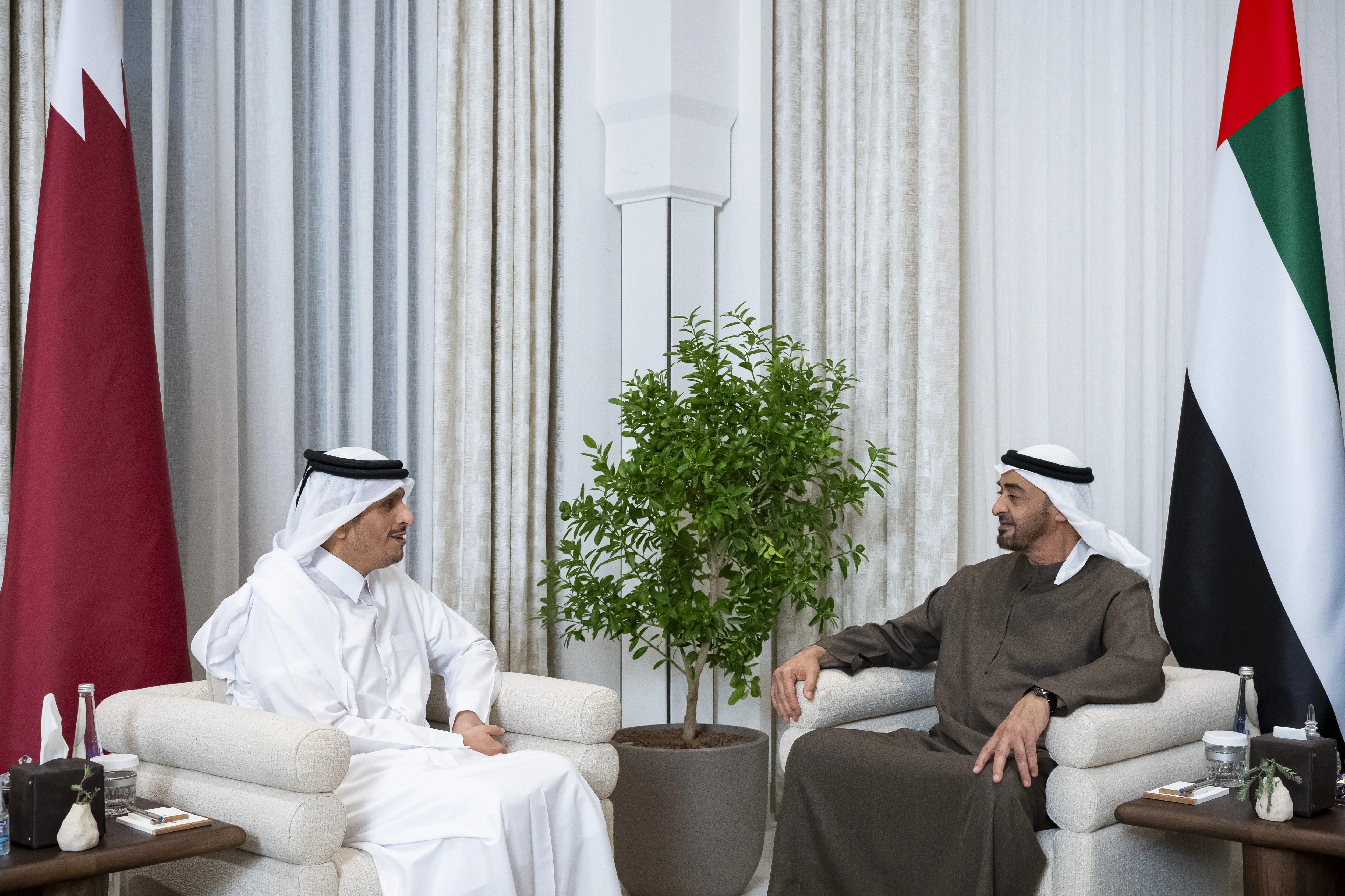 His Highness Sheikh Mohamed bin Zayed Al Nahyan, President of the United Arab Emirates, meets with Sheikh Mohamed bin Abdulrahman bin Jassim Al Thani, Prime Minister and Minister of Foreign Affairs of Qatar, at Al Shati Palace, November 2024