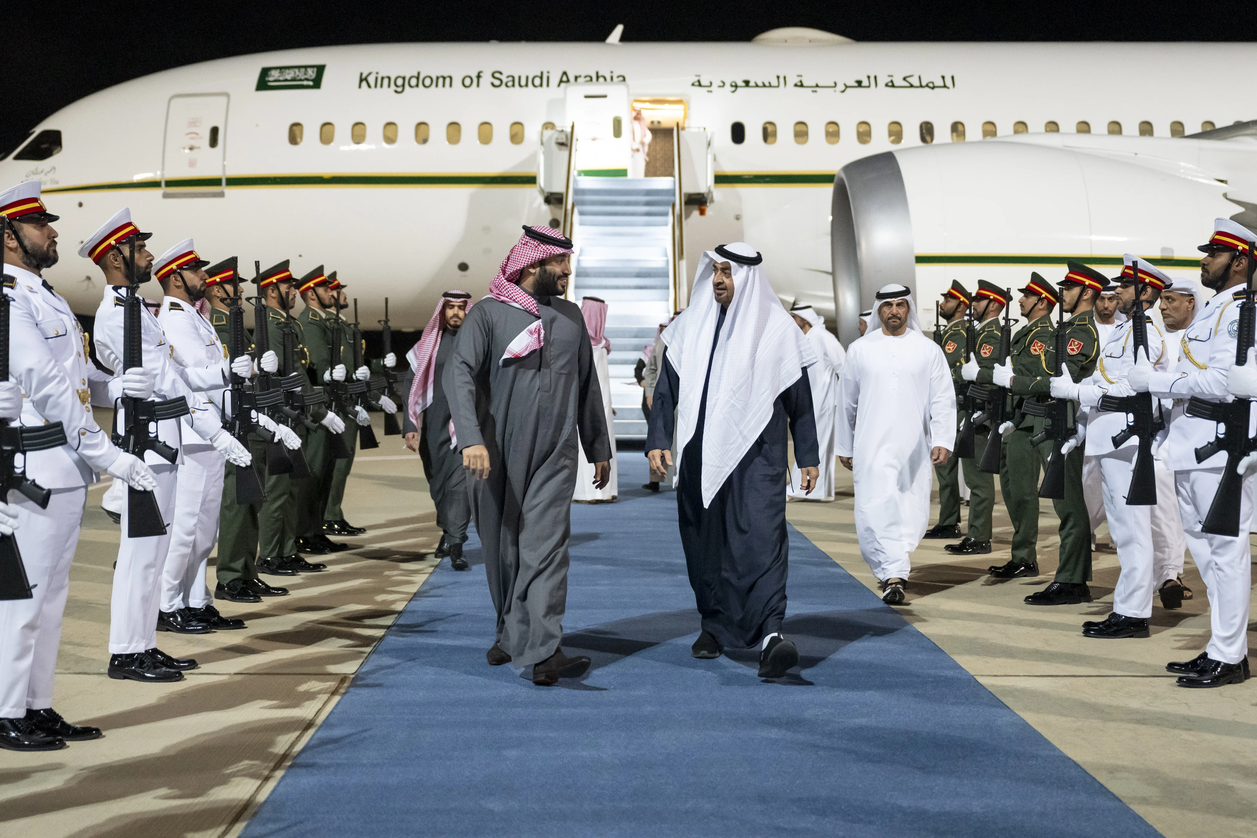 His Highness Sheikh Mohamed bin Zayed Al Nahyan, President of the United Arab Emirates receives Prince Mohammed bin Salman bin Abdulaziz Al Saud, Crown Prince and Prime Minister of Saudi Arabia, at Al Ain International Airport, December 2024