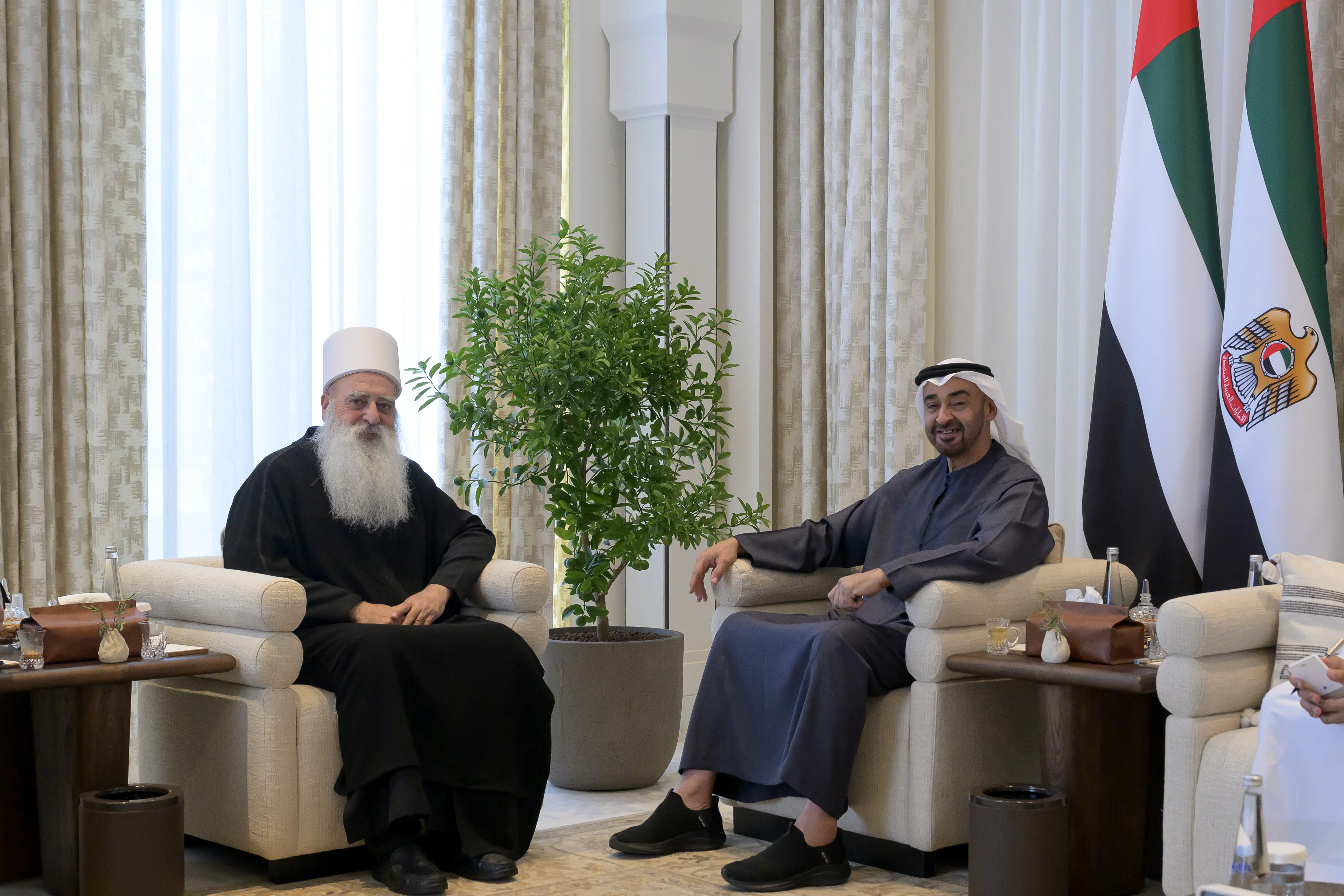 His Highness Sheikh Mohamed bin Zayed Al Nahyan, President of the United Arab Emirates meets with Sheikh Mowafaq Tarif, the spiritual leader of the Druze community in Israel, at Al Shati Palace, December 2024
