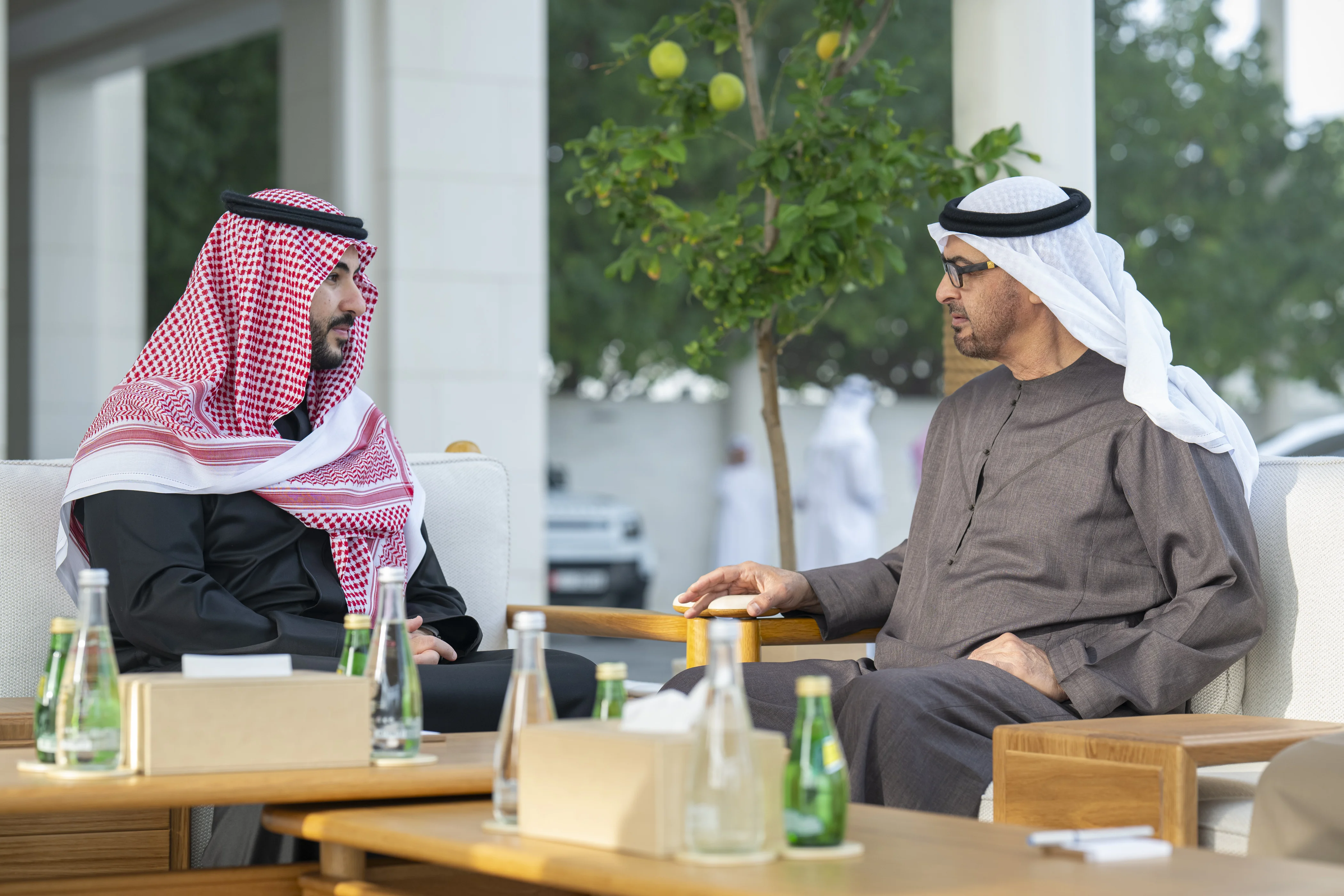 His Highness Sheikh Mohamed bin Zayed Al Nahyan, President of the United Arab Emirates, meets with Khalid bin Salman Al Saud, Minister of Defense of Saudi Arabia, at Al Shati Palace, December 2024