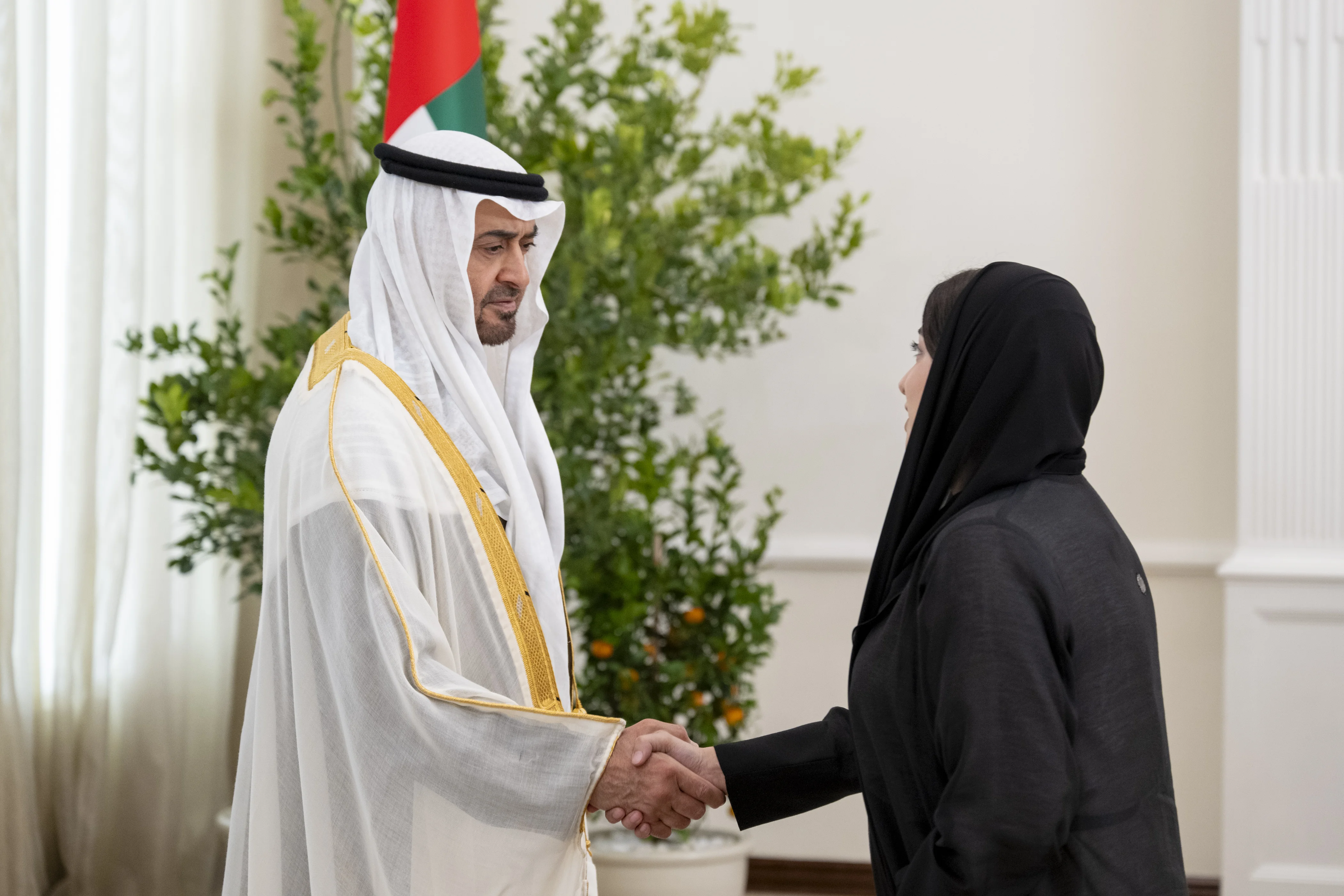 His Highness Sheikh Mohamed bin Zayed Al Nahyan, President of the United Arab Emirates, greets Ghasaq Shaheen, UAE Ambassador to Sweden, during a ceremony at the Sea Palace, January 2025