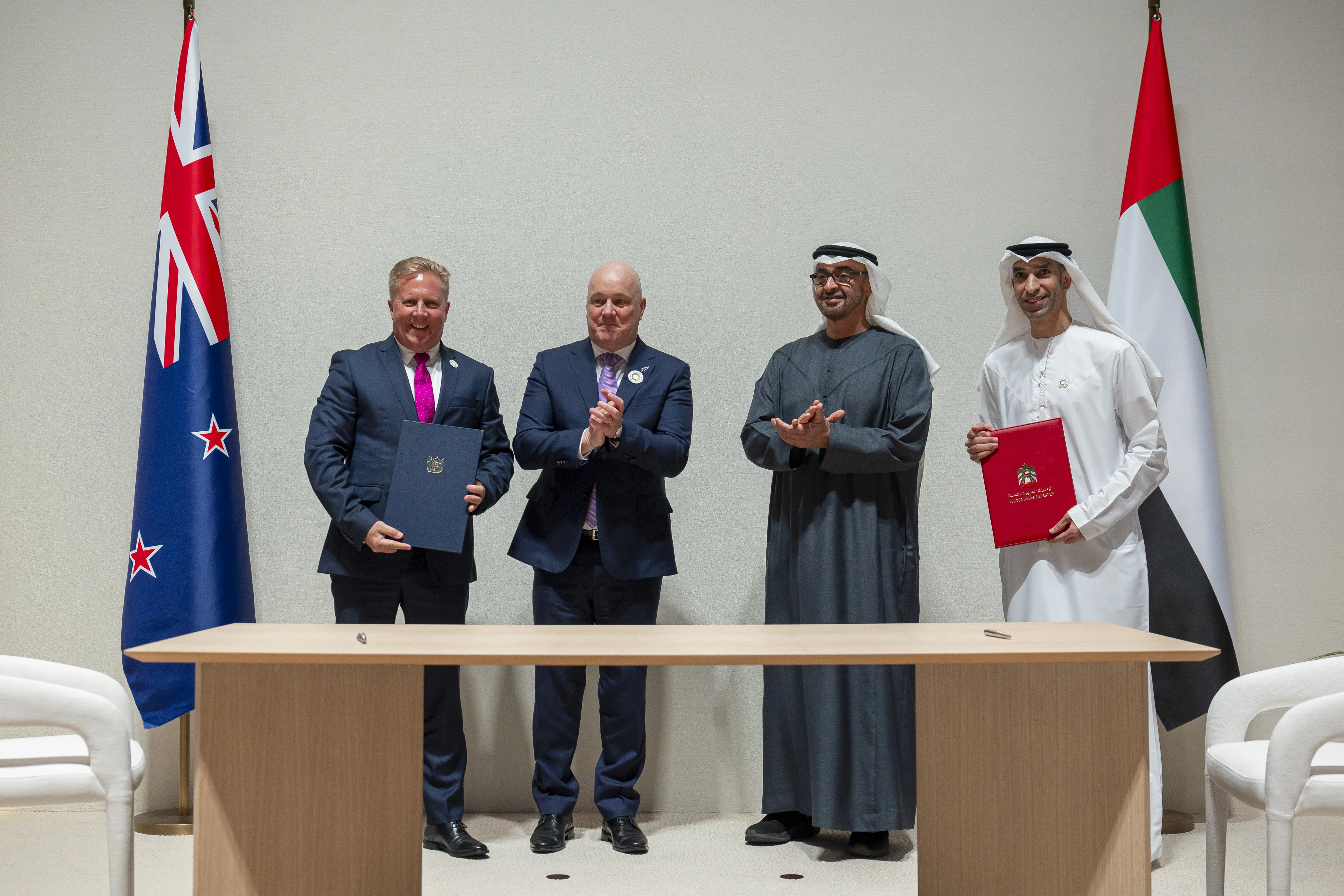 Dr Thani bin Ahmed Al Zeyoudi, UAE Minister of State for Foreign Trade, His Highness Sheikh Mohamed bin Zayed Al Nahyan, President of the United Arab Emirates, Christopher Luxon, Prime Minister of New Zealand and Todd McClay, Minister of Trade of New Zealand, January 2025