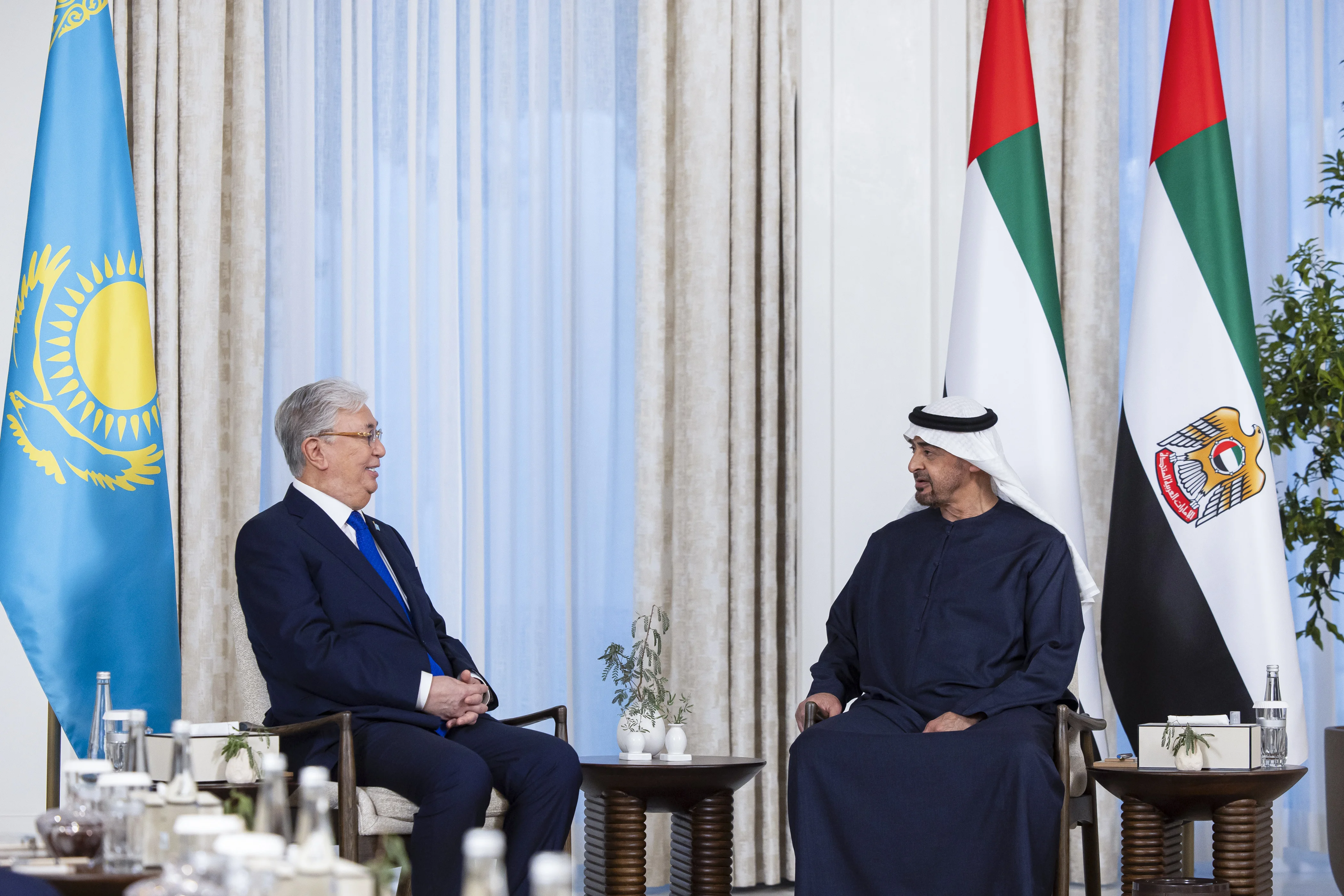 His Highness Sheikh Mohamed bin Zayed Al Nahyan, President of the United Arab Emirates, meets with Kassym Jomart Tokayev, President of Kazakhstan, at Shati Palace, January 2025