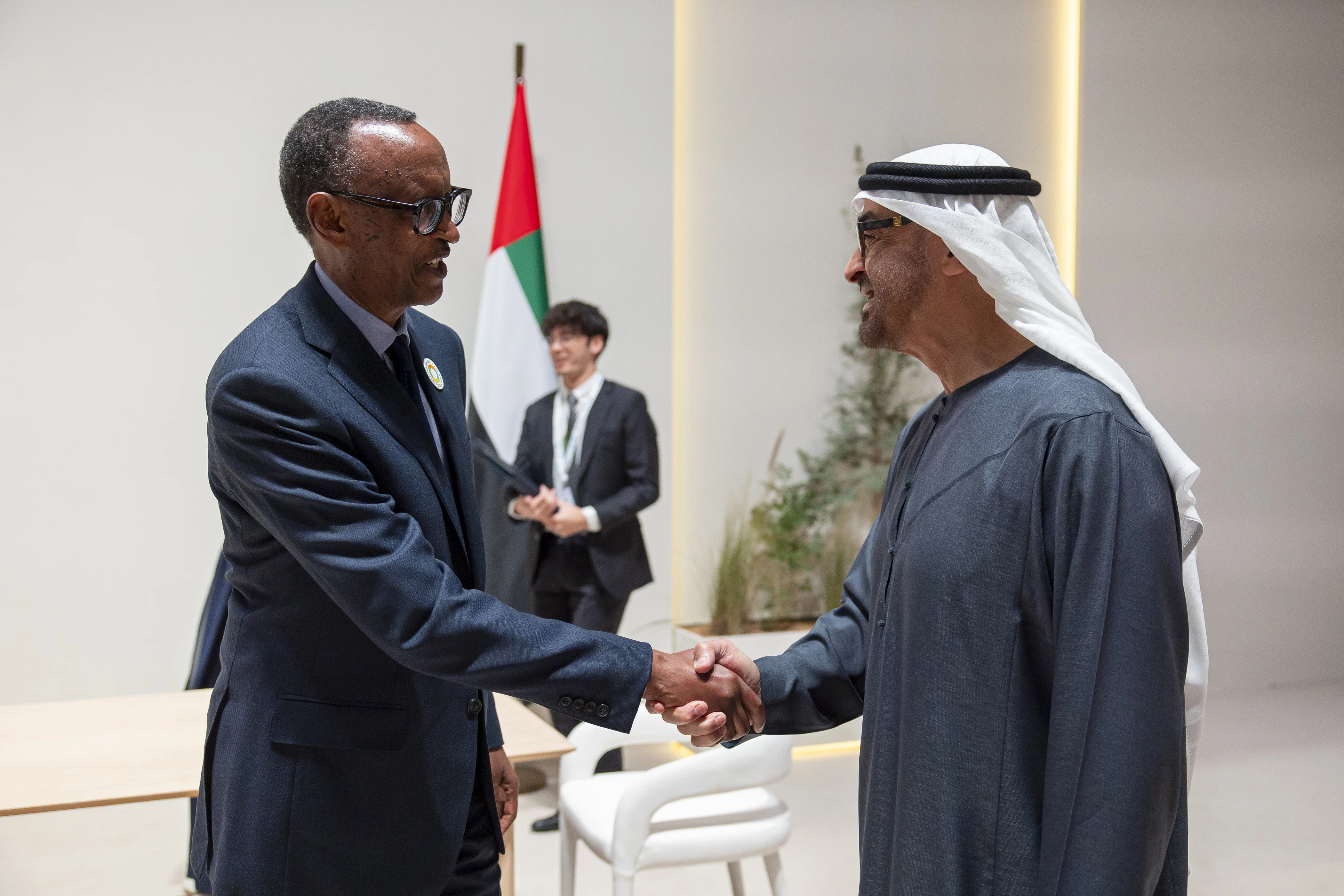 His Highness Sheikh Mohamed bin Zayed Al Nahyan, President of the United Arab Emirates greets Paul Kagame, President of Rwanda, prior to the opening ceremony of Abu Dhabi Sustainability Week, at Abu Dhabi National Exhibition Centre (ADNEC), January 2025