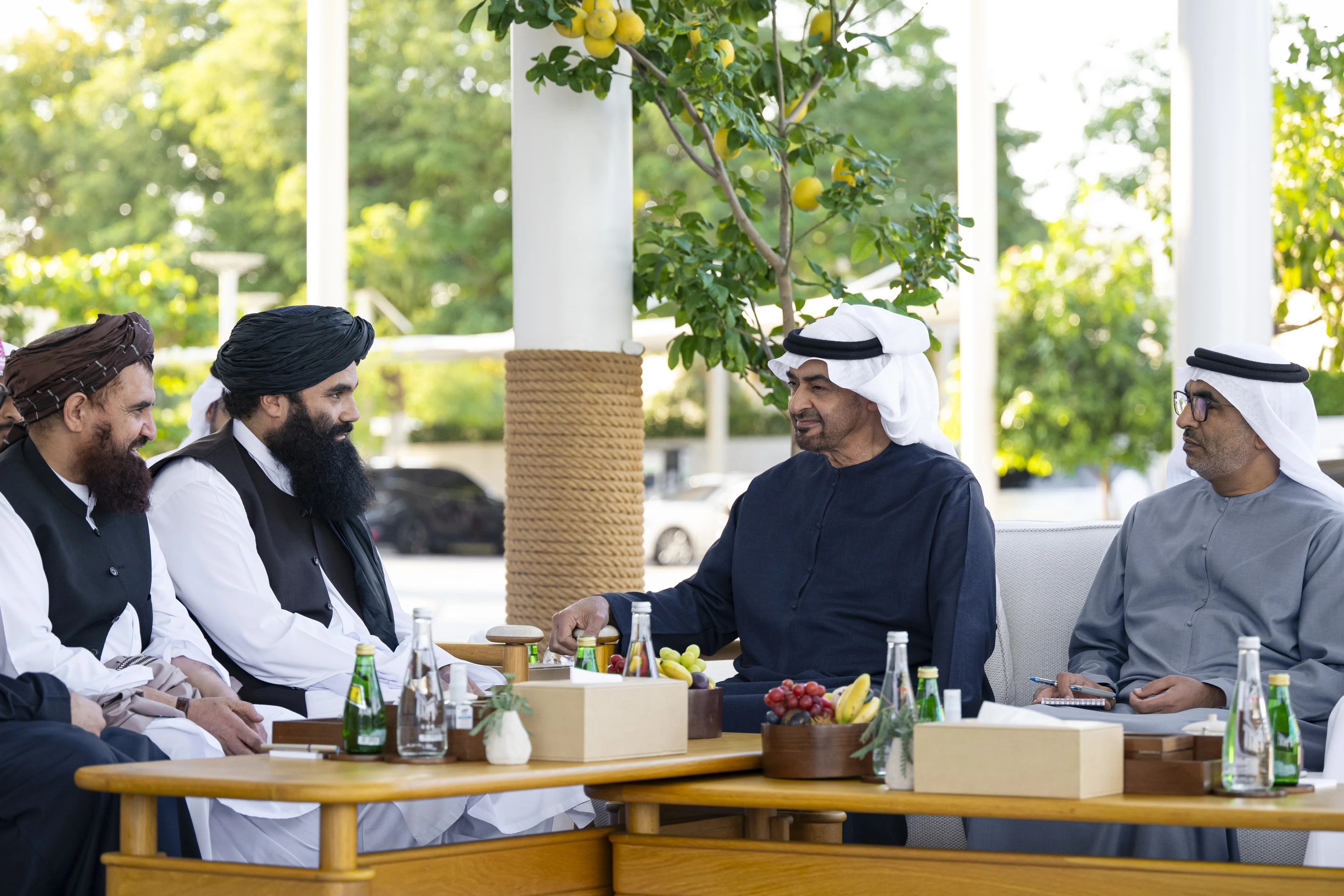 His Highness Sheikh Mohamed bin Zayed Al Nahyan, President of the United Arab Emirates, meets with Sirajuddin Haqqani, Minister of Interior Affairs of Afghanistan, at Al Shati Palace. Seen with Ali Al Dhaheri, January 2025