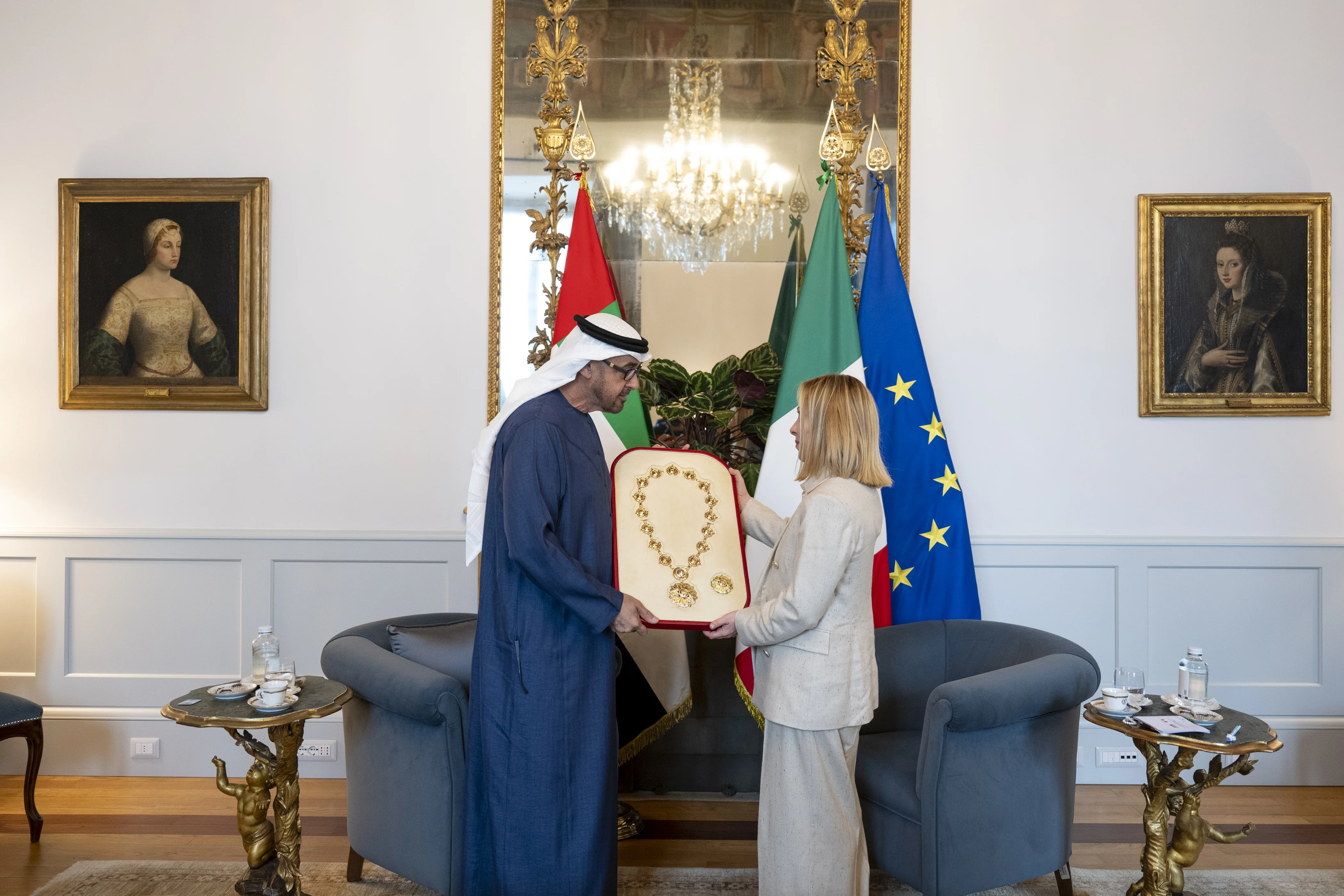 His Highness Sheikh Mohamed bin Zayed Al Nahyan, President of the United Arab Emirates presents Etihad medal to Giorgia Meloni, Prime Minister of Italy, before a meeting at Palazzo Chigi, February 2025