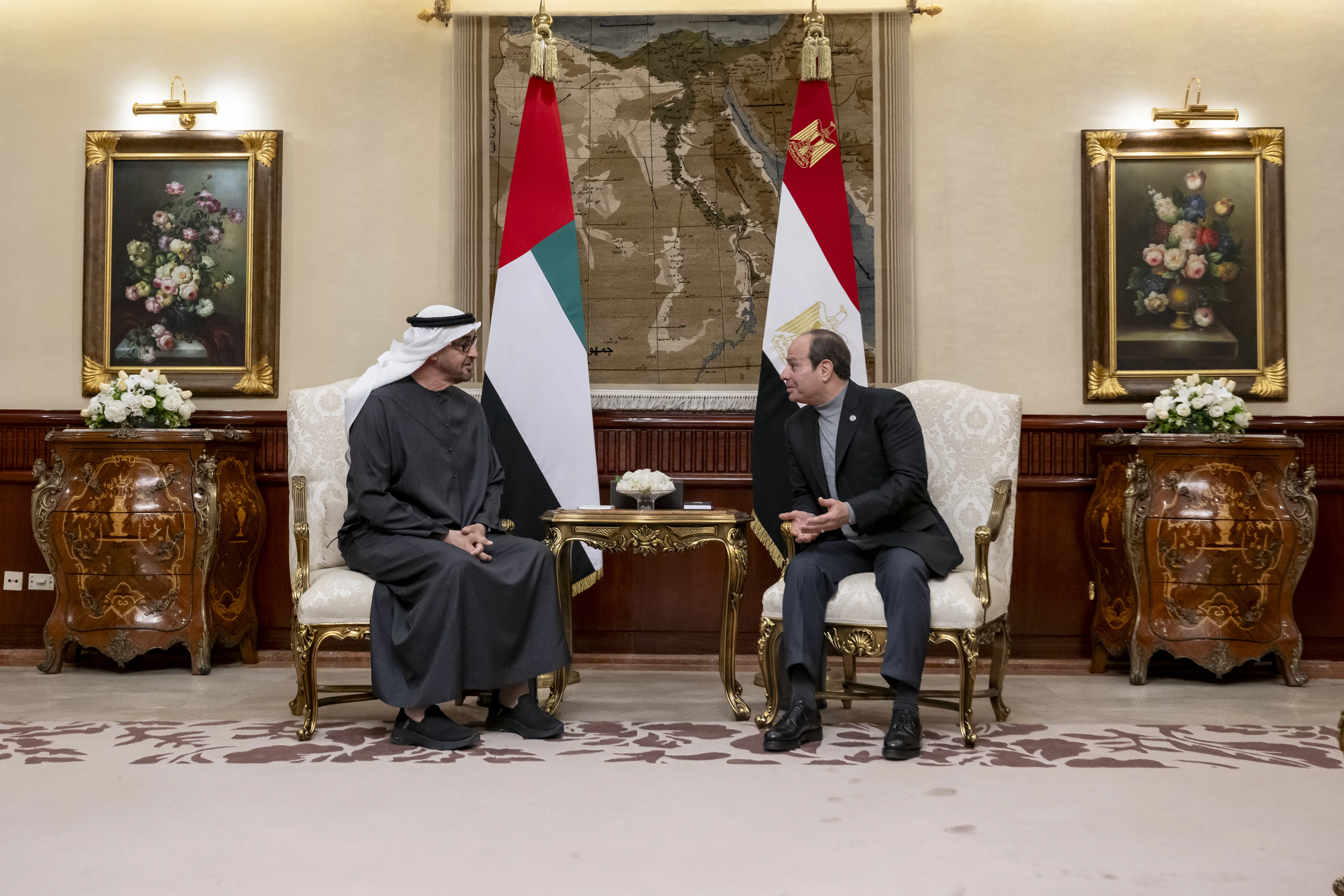 His Highness Sheikh Mohamed bin Zayed Al Nahyan, President of the United Arab Emirates, meets with Abdel Fattah El Sisi, President of Egypt, at Cairo, March 2025