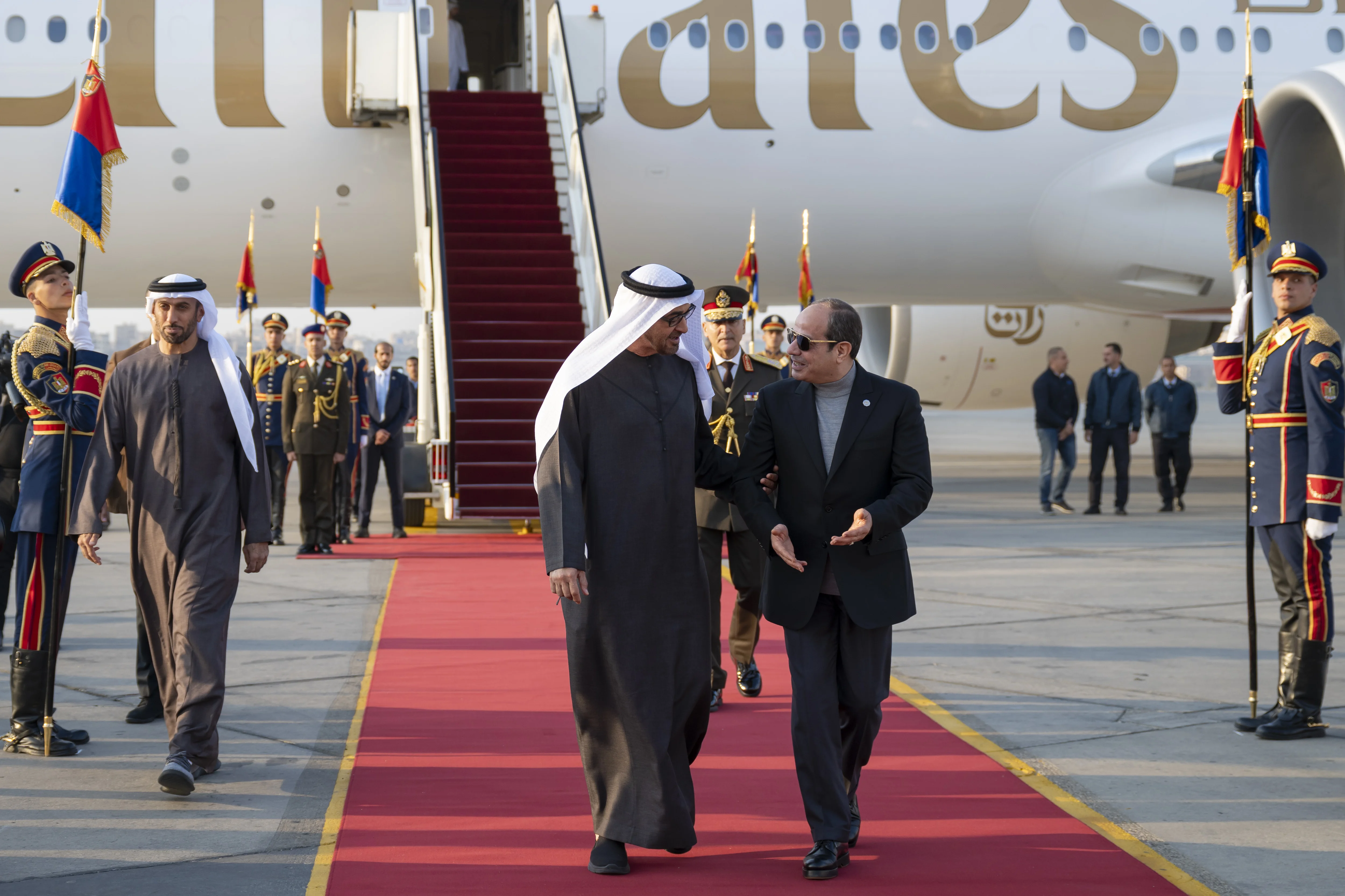 His Highness Sheikh Mohamed bin Zayed Al Nahyan, President of the United Arab Emirates, is received by Abdel Fattah El Sisi, President of Egypt, at Cairo International Airport, March 2025