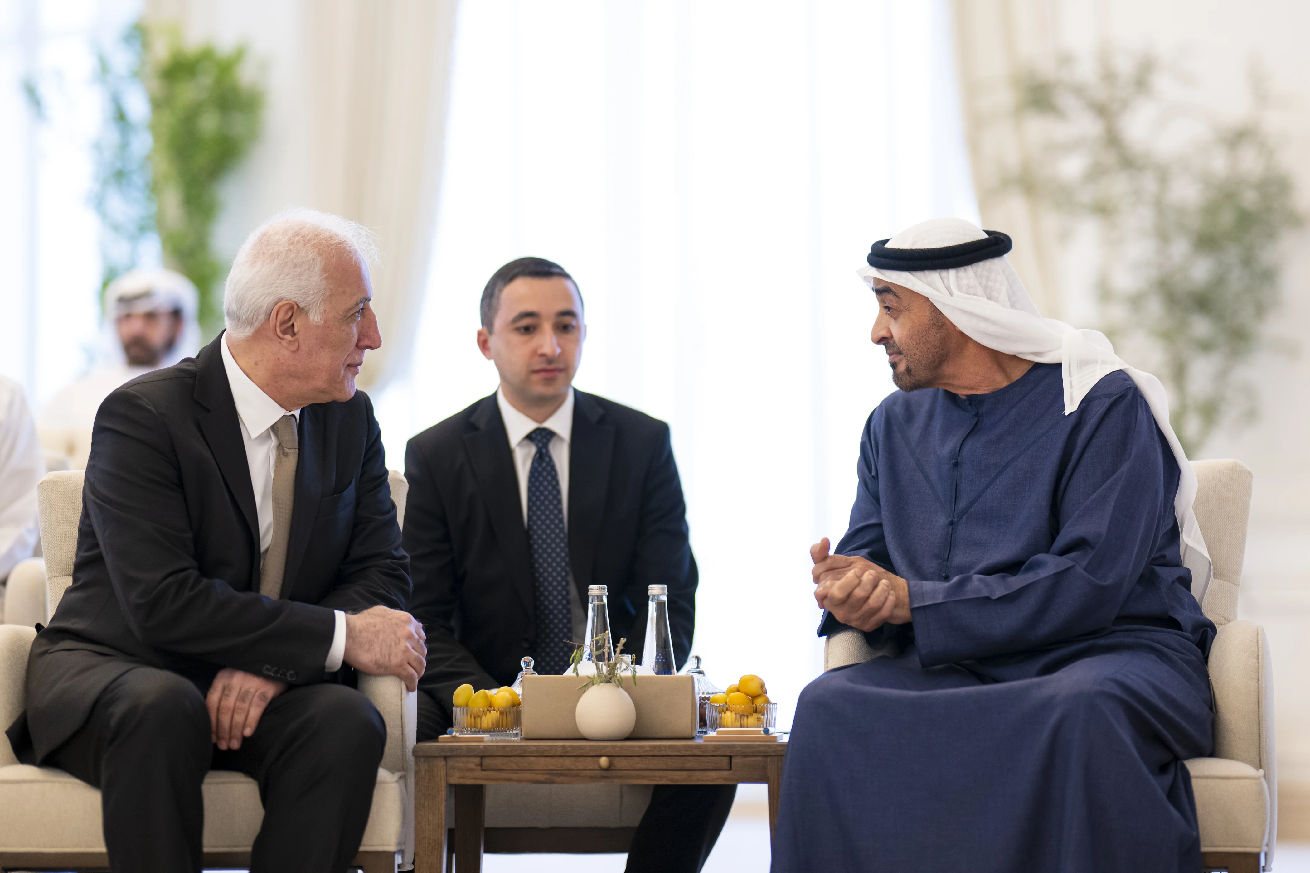 His Highness Sheikh Mohamed bin Zayed Al Nahyan, President of the United Arab Emirates, meets with Vahagn Khachaturyan, President of Armenia, during a Sea Palace barza, April 2025