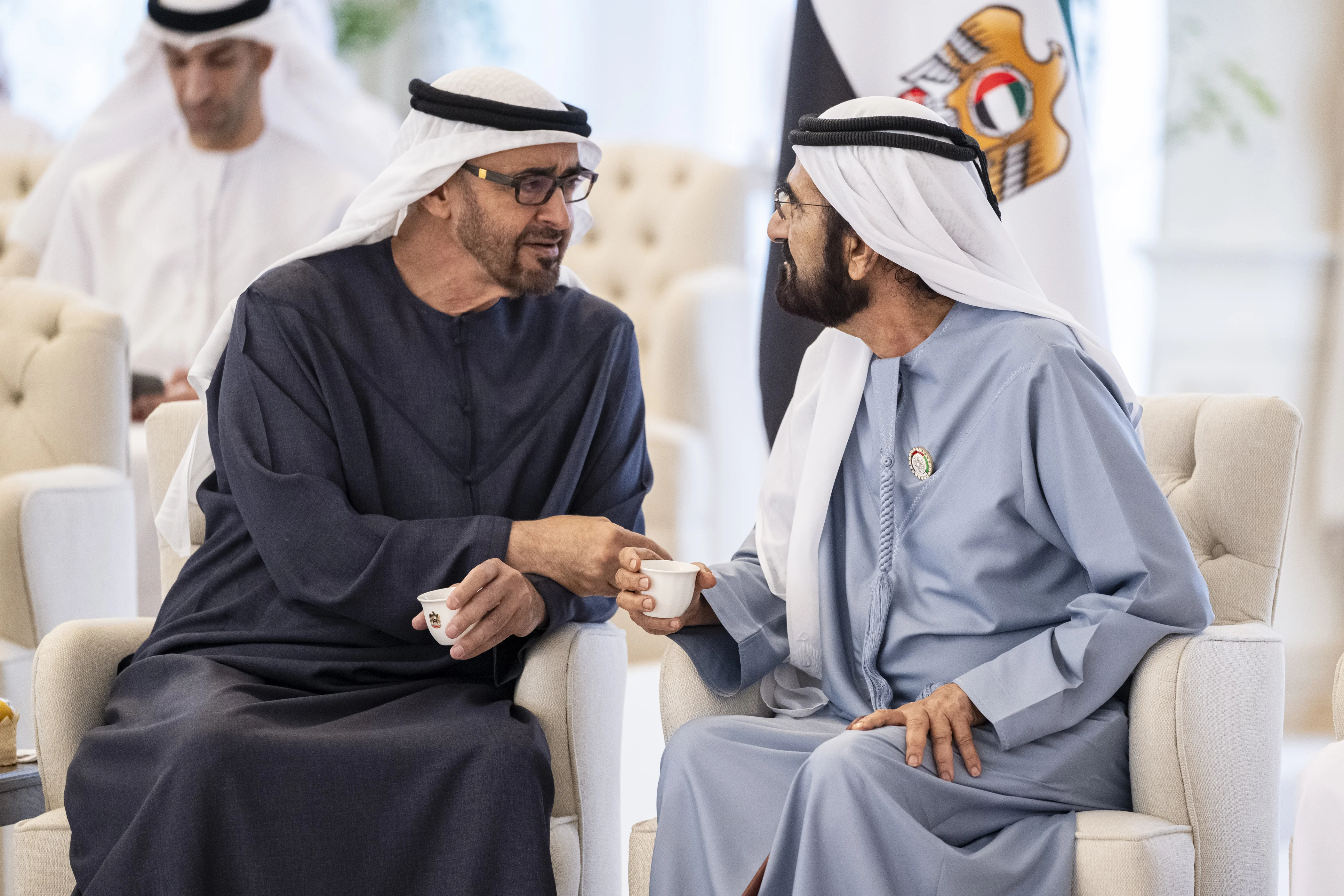 His Highness Sheikh Mohamed bin Zayed Al Nahyan, President of the United Arab Emirates, receives His Highness Sheikh Mohamed bin Rashid Al Maktoum, UAE Vice President, Prime Minister and Ruler of Dubai, during a Sea Palace barza, April 2025