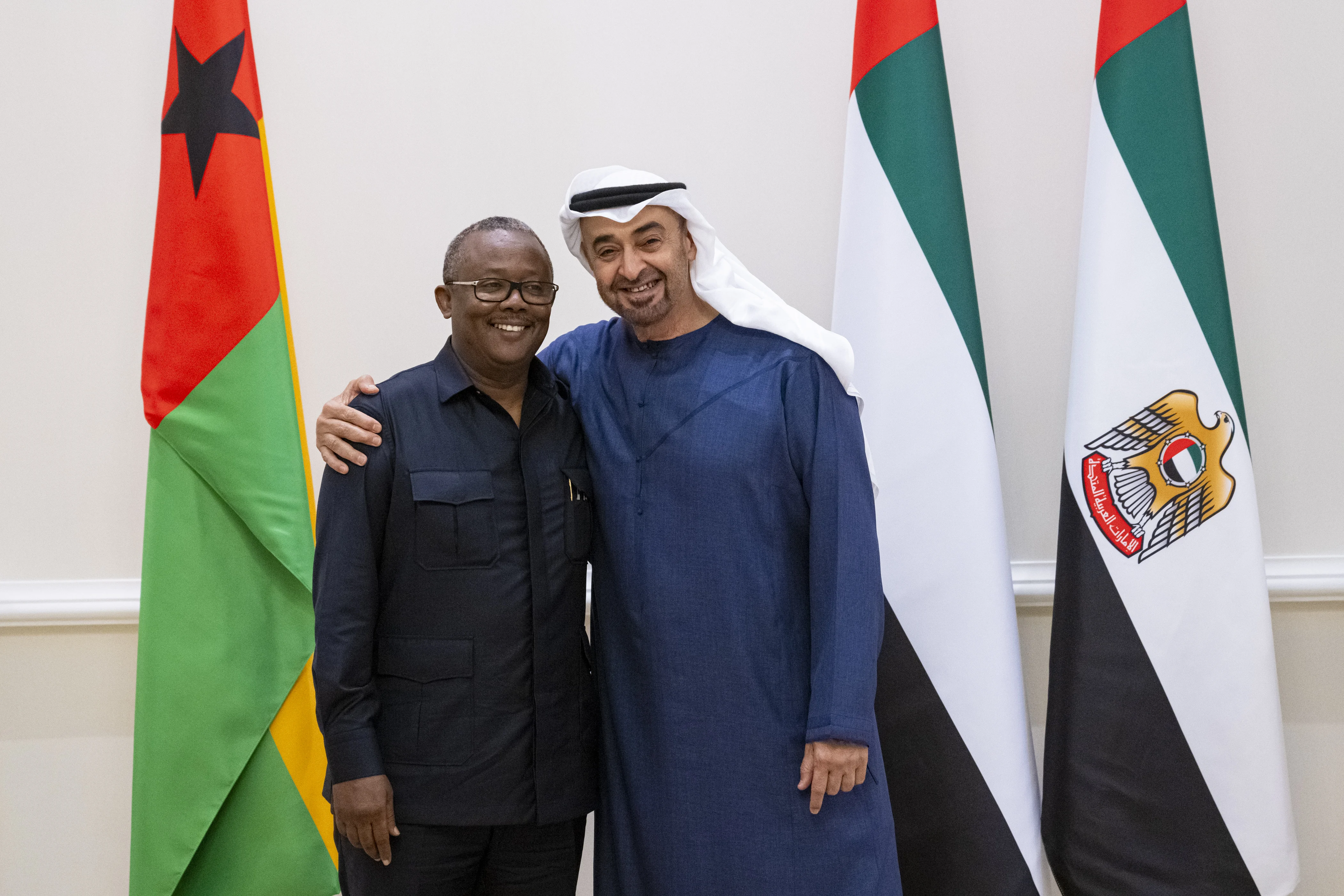 His Highness Sheikh Mohamed bin Zayed Al Nahyan, President of the United Arab Emirates, stands for a photograph with Umaro Sissoco Embalo, President of Guinea-Bissau, during a Sea Palace barza, April 2025