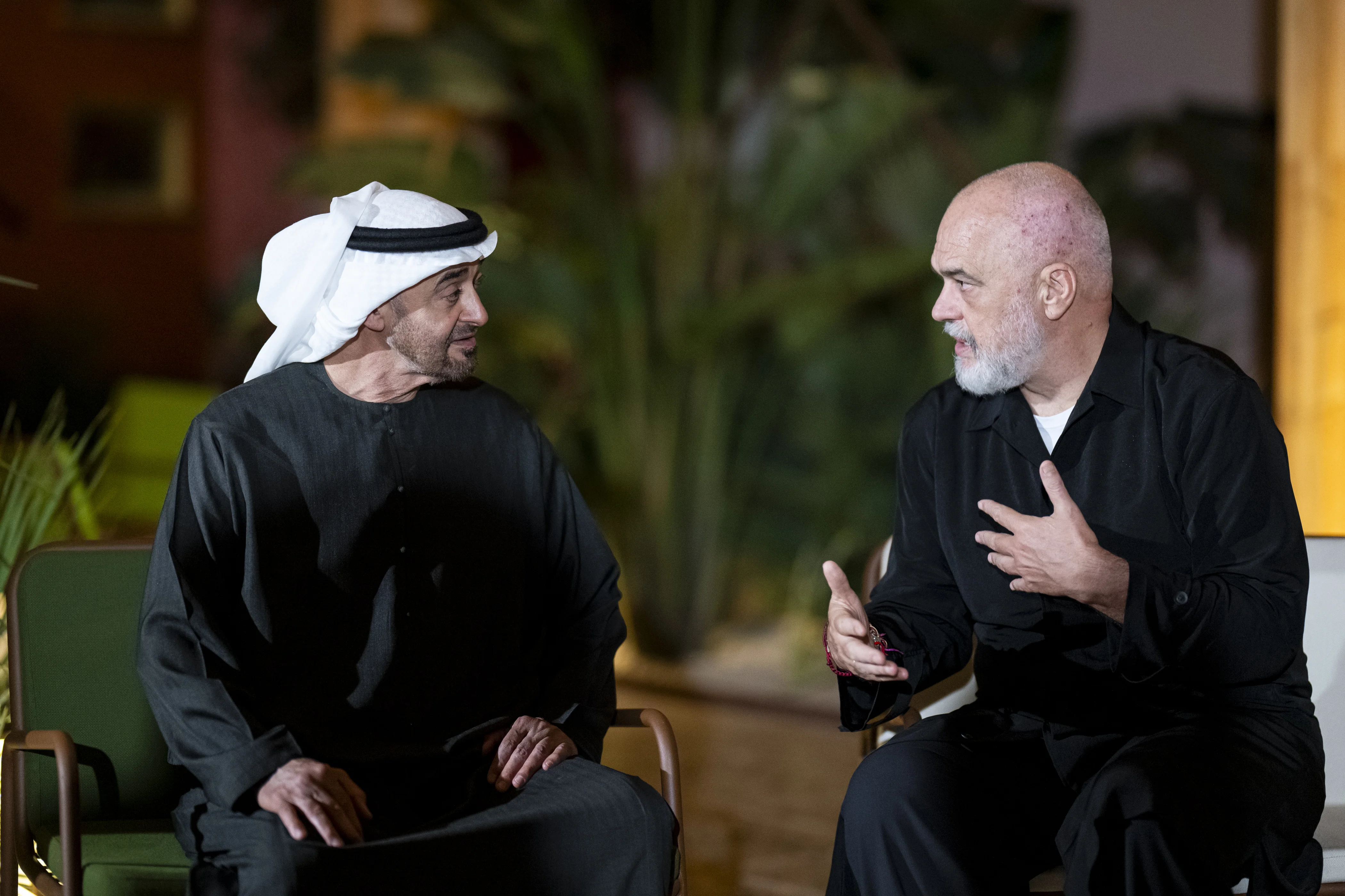 His Highness Sheikh Mohamed bin Zayed Al Nahyan, President of the United Arab Emirates, speaks with Edi Rama, Prime Minister of Albania, during a reception at the Prime Minister's Office, July 2025