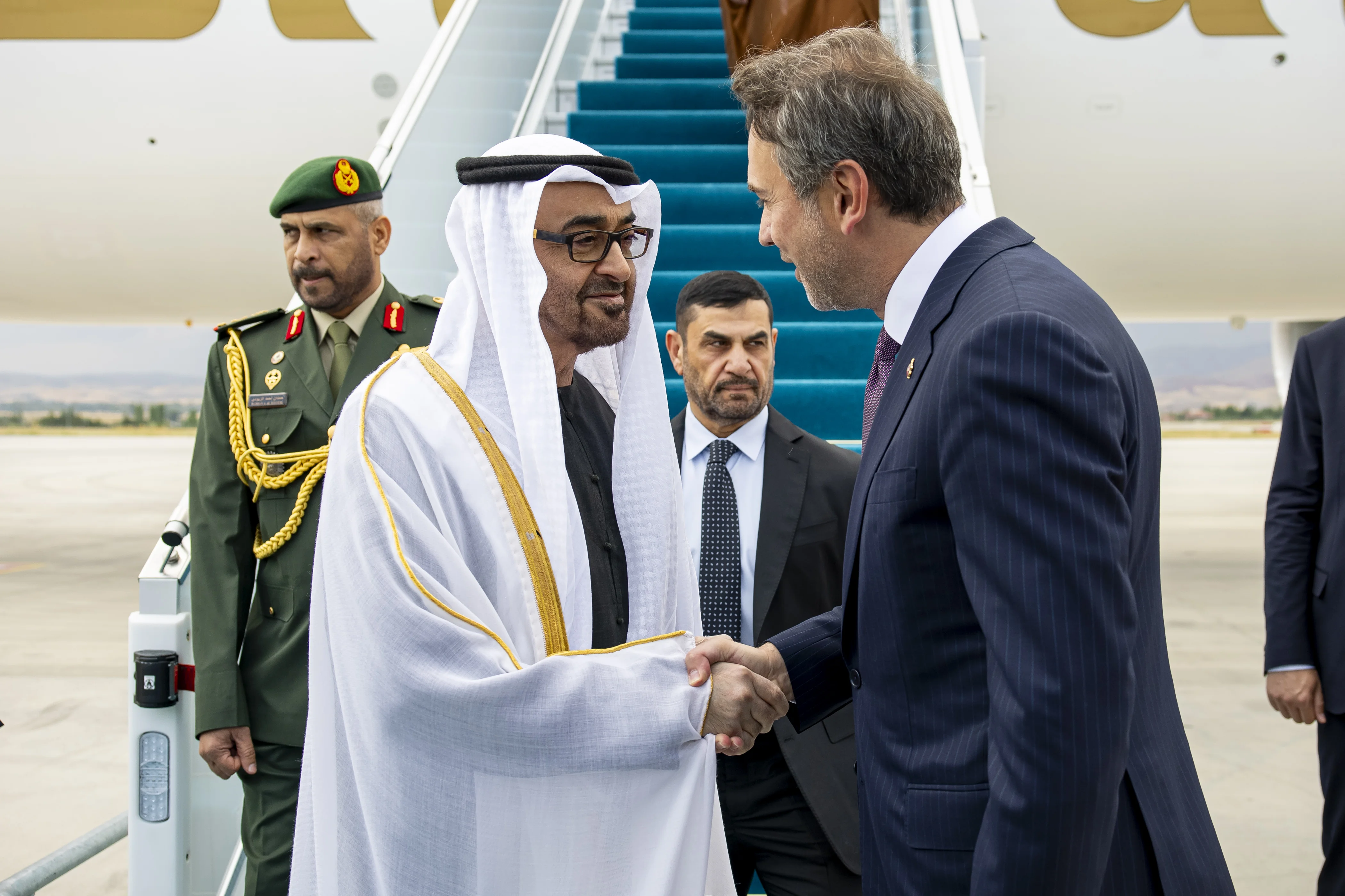 His Highness Sheikh Mohamed bin Zayed Al Nahyan, President of the United Arab Emirates is received by Alparslan Bayraktar, Minister of Energy and Natural of Turkiye, upon arriving at Esenboga International Airport commencing a state visit, July 2025