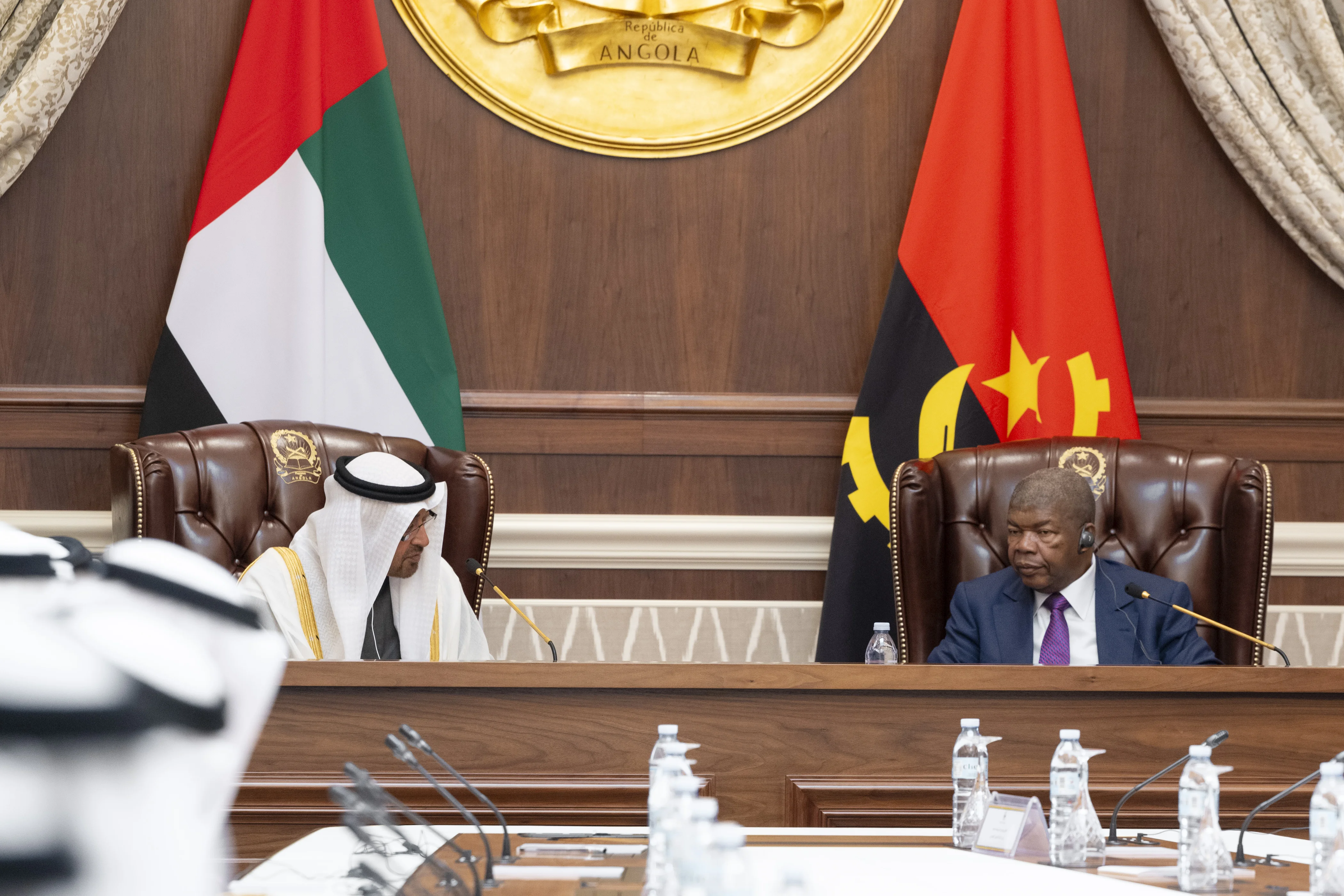 His Highness Sheikh Mohamed bin Zayed Al Nahyan, President of the United Arab Emirates, meets Joao Manuel Lourenco, President of Angola, at the Presidential Palace during a state visit, August 2025