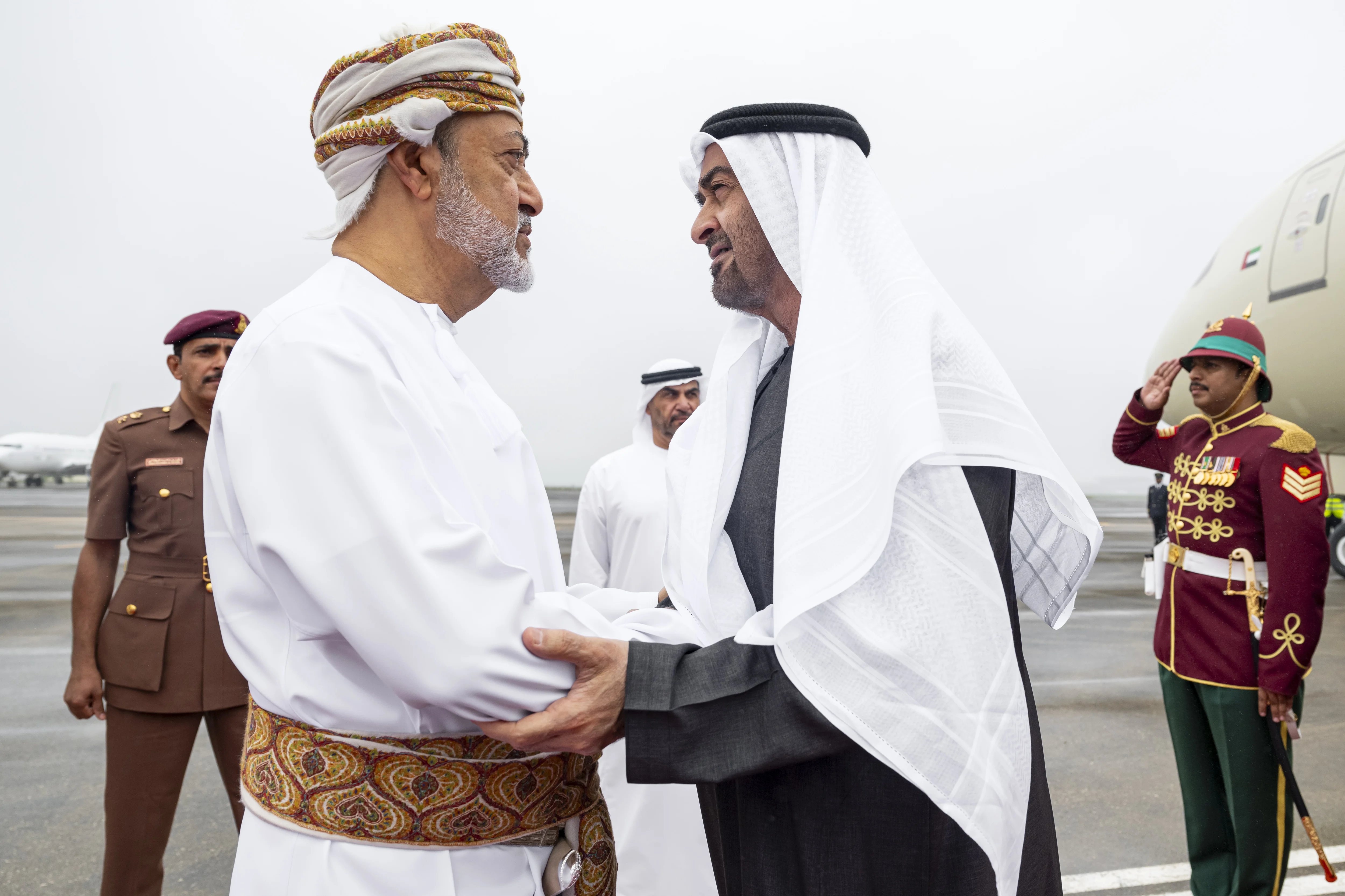His Highness Sheikh Mohamed bin Zayed Al Nahyan, President of the United Arab Emirates, is received by Sultan Haitham bin Tariq, Sultan of Oman, upon arriving at the Royal Flight of Oman, September 2025