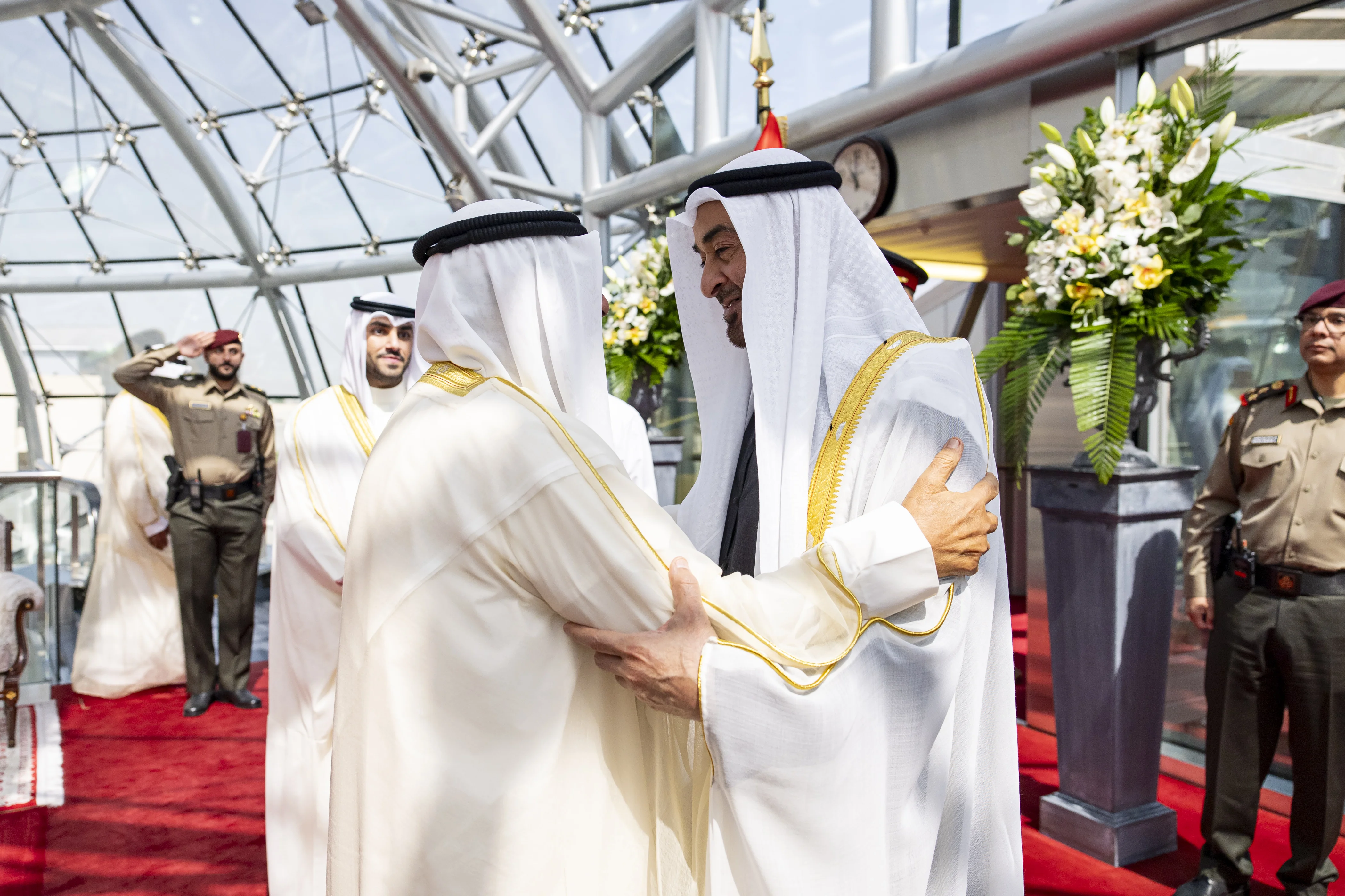His Highness Sheikh Mohamed bin Zayed Al Nahyan, President of the United Arab Emirates is received by His Highness Sheikh Meshal Al Ahmad Al Jaber Al Sabah, Emir of Kuwait, upon arriving at Kuwait International Airport, October 2025