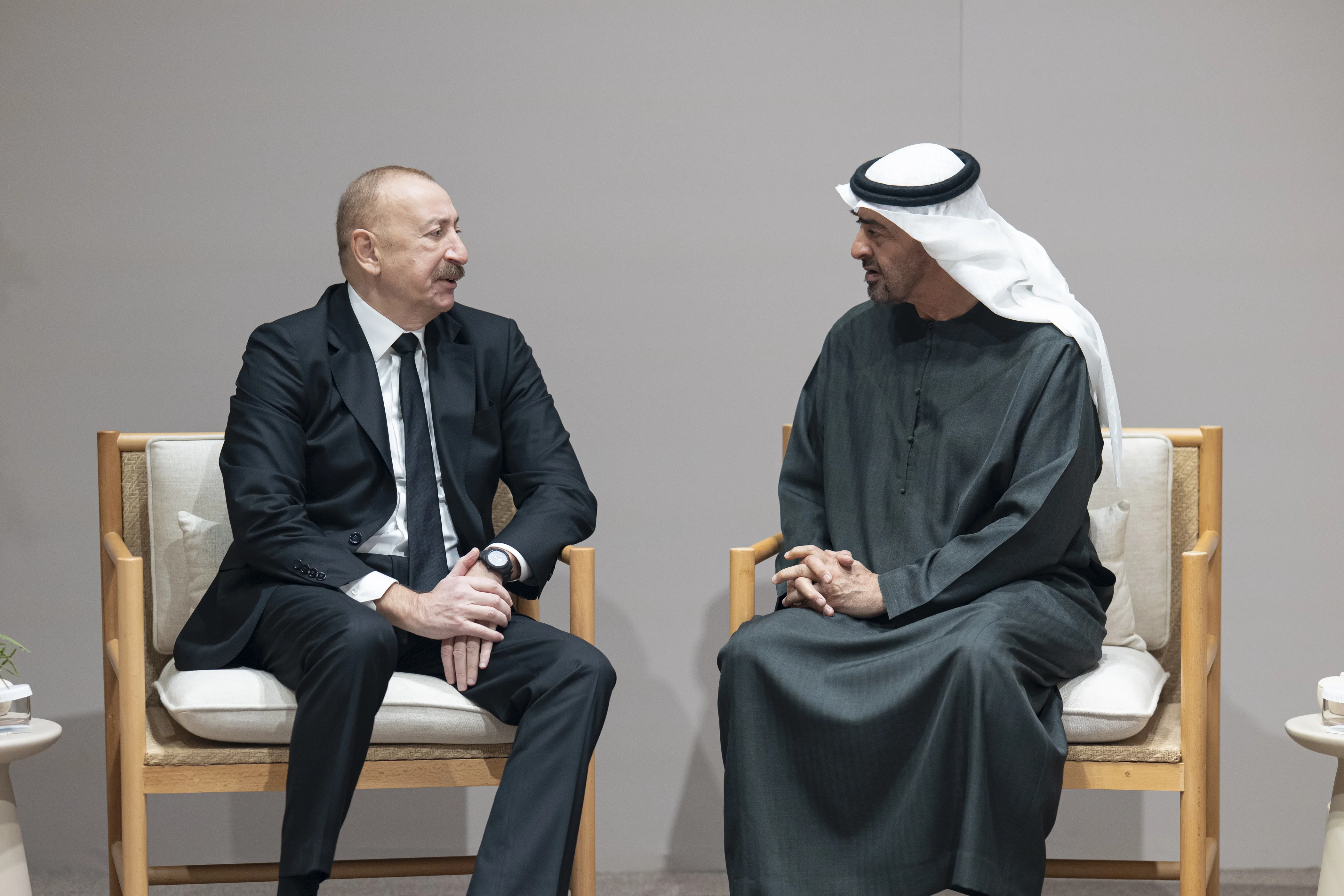 His Highness Sheikh Mohamed bin Zayed Al Nahyan, President of the United Arab Emirates, meets with Ilham Aliyev, President of Azerbaijan, at Abu Dhabi National Exhibition Centre (ADNEC), December 2025