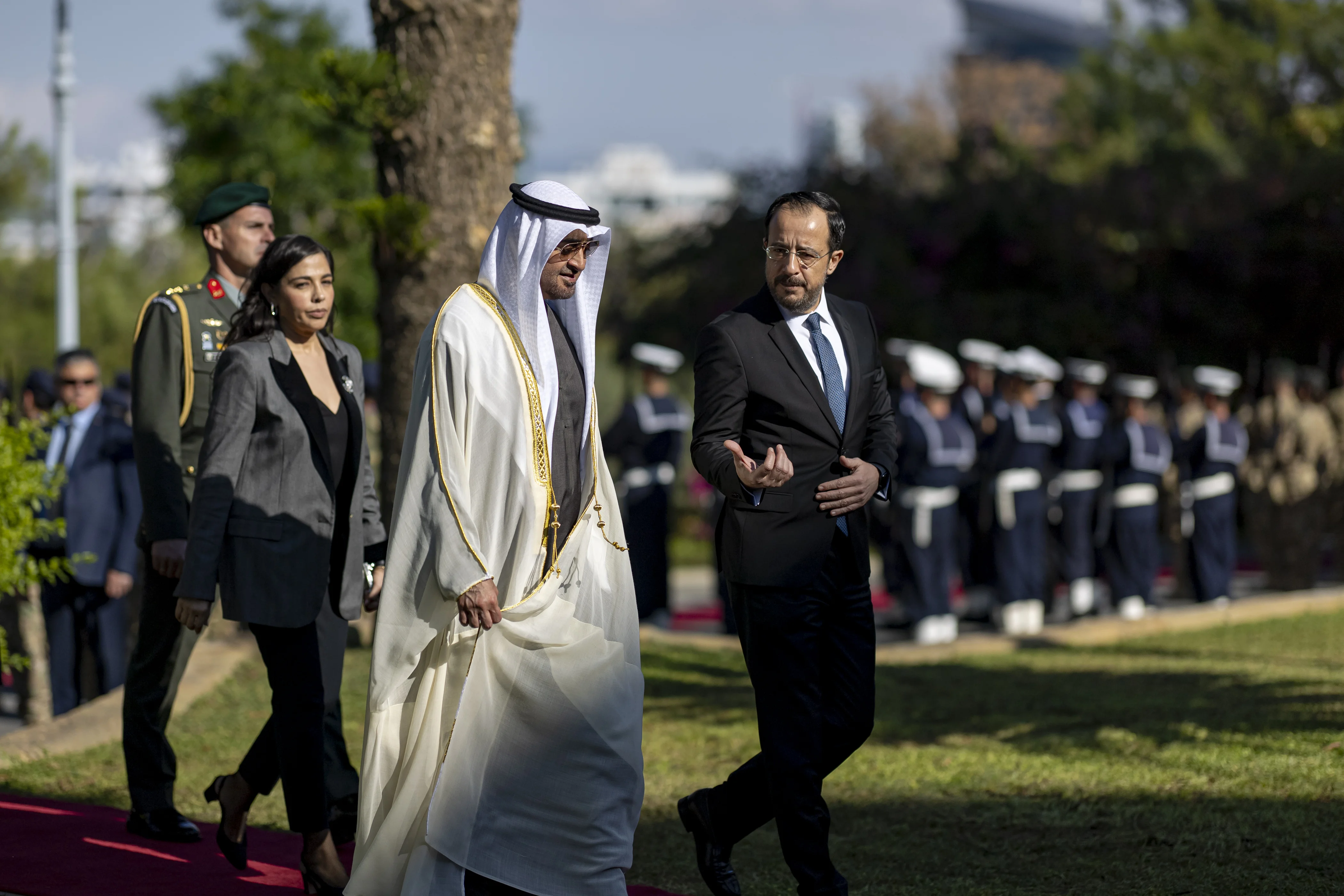 His Highness Sheikh Mohamed bin Zayed Al Nahyan, President of the United Arab Emirates, is received by Nikos Christodoulides, President of Cyprus, at the Presidential Palace during an official visit, December 2025