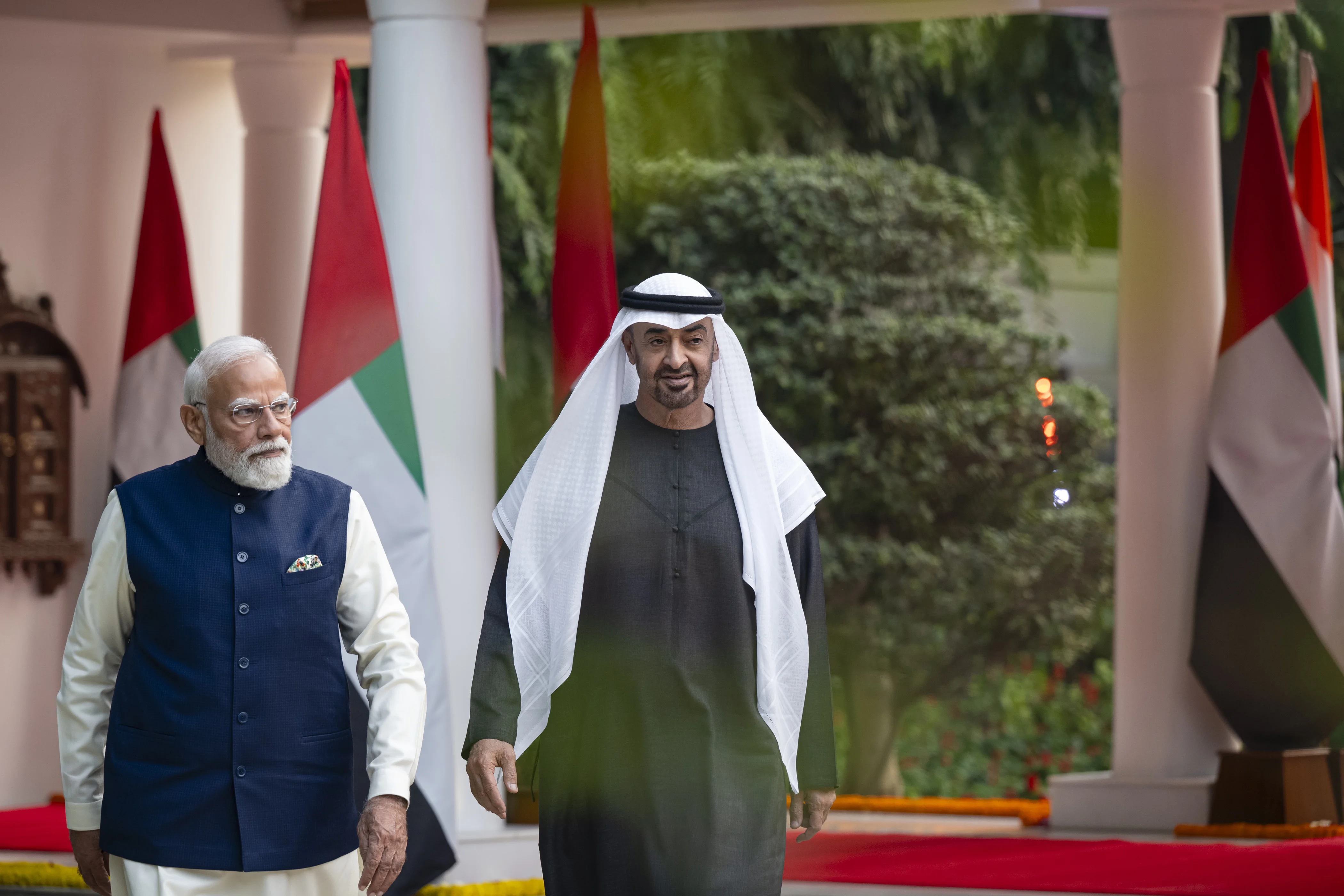 His Highness Sheikh Mohamed bin Zayed Al Nahyan, President of the United Arab Emirates, is received by Narendra Modi, Prime Minister of India, at Lok Kalyan Marg, the Prime Minister's residence during a working visit, January 2026