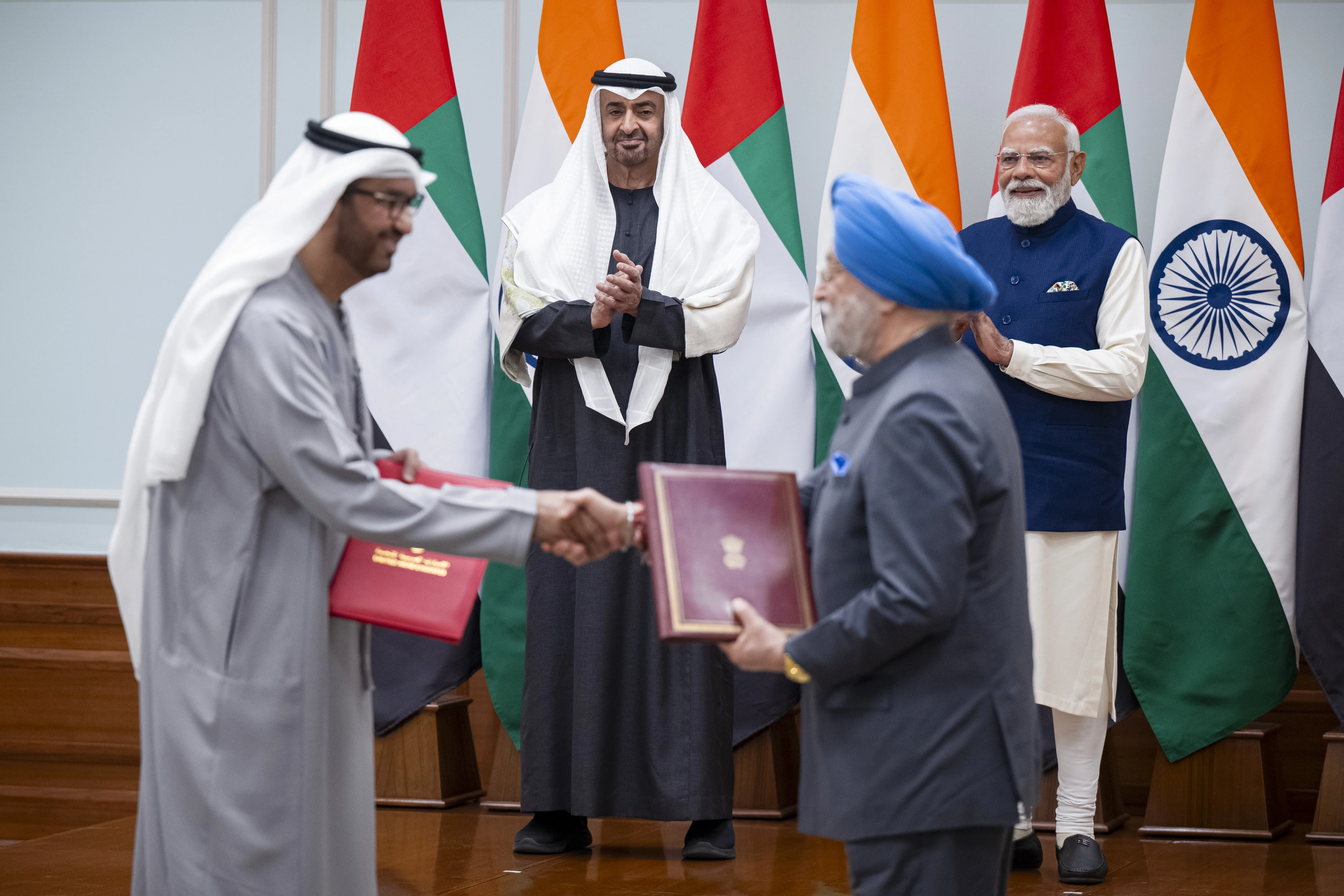 His Highness Sheikh Mohamed bin Zayed Al Nahyan, President of the United Arab Emirates and Narendra Modi, Prime Minister of India, witness the exchange of an agreement between Abu Dhabi National Oil Company Gas (ADNOC GAS) and Hindustan Petroleum Cooperation Limited (HPCL) on Sales & Purchase Agreement SPA, January 2026