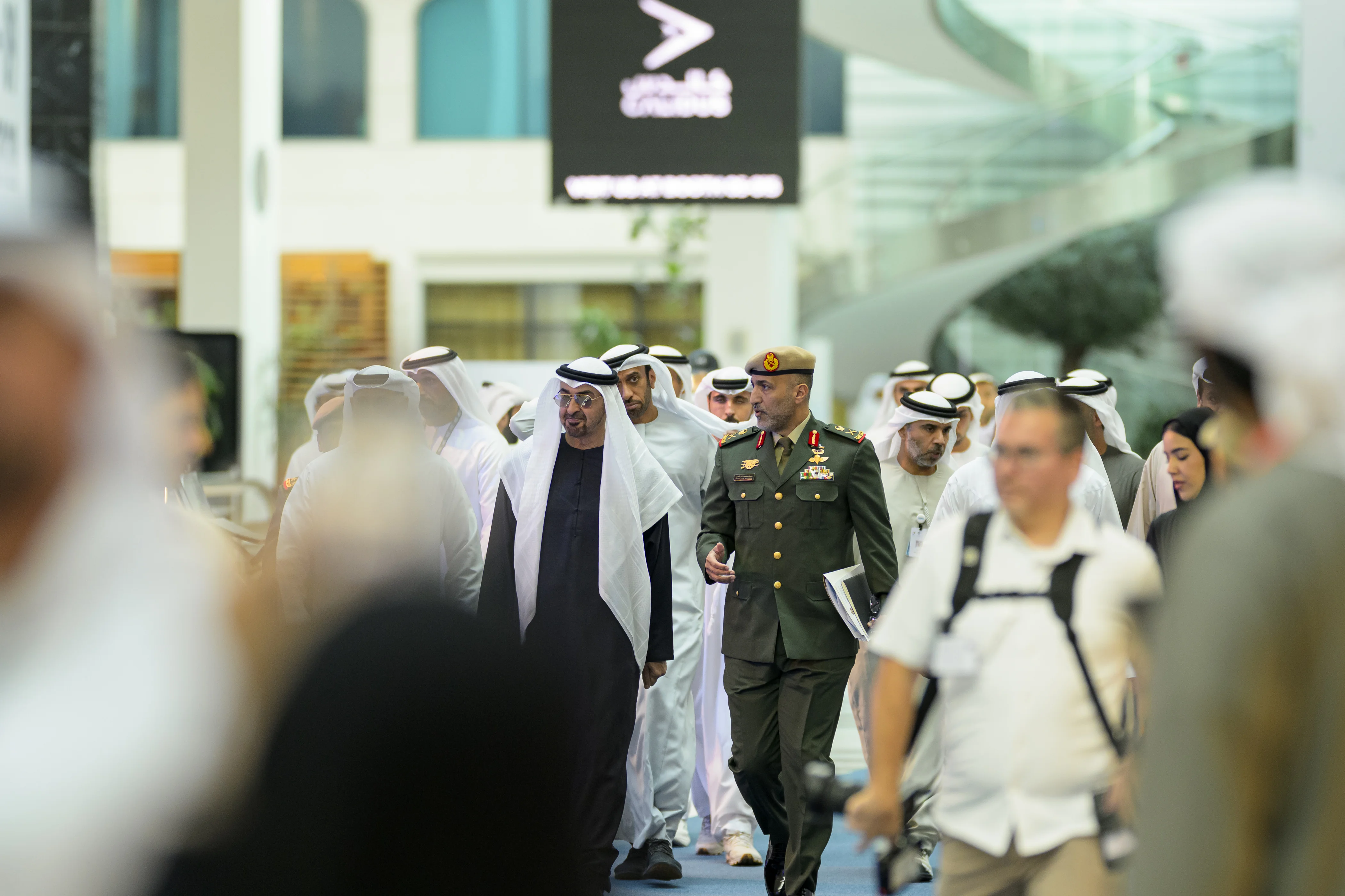 His Highness Sheikh Mohamed bin Zayed Al Nahyan, President of the United Arab Emirates, tours the seventh edition of The Unmanned Systems Exhibition and Conference (UMEX) 2026, at ADNEC. Seen with Staff Major General Musallam Mohamed Al Rashidi, Director of the Office of the Supreme Commander of the Armed Forces, January 2026