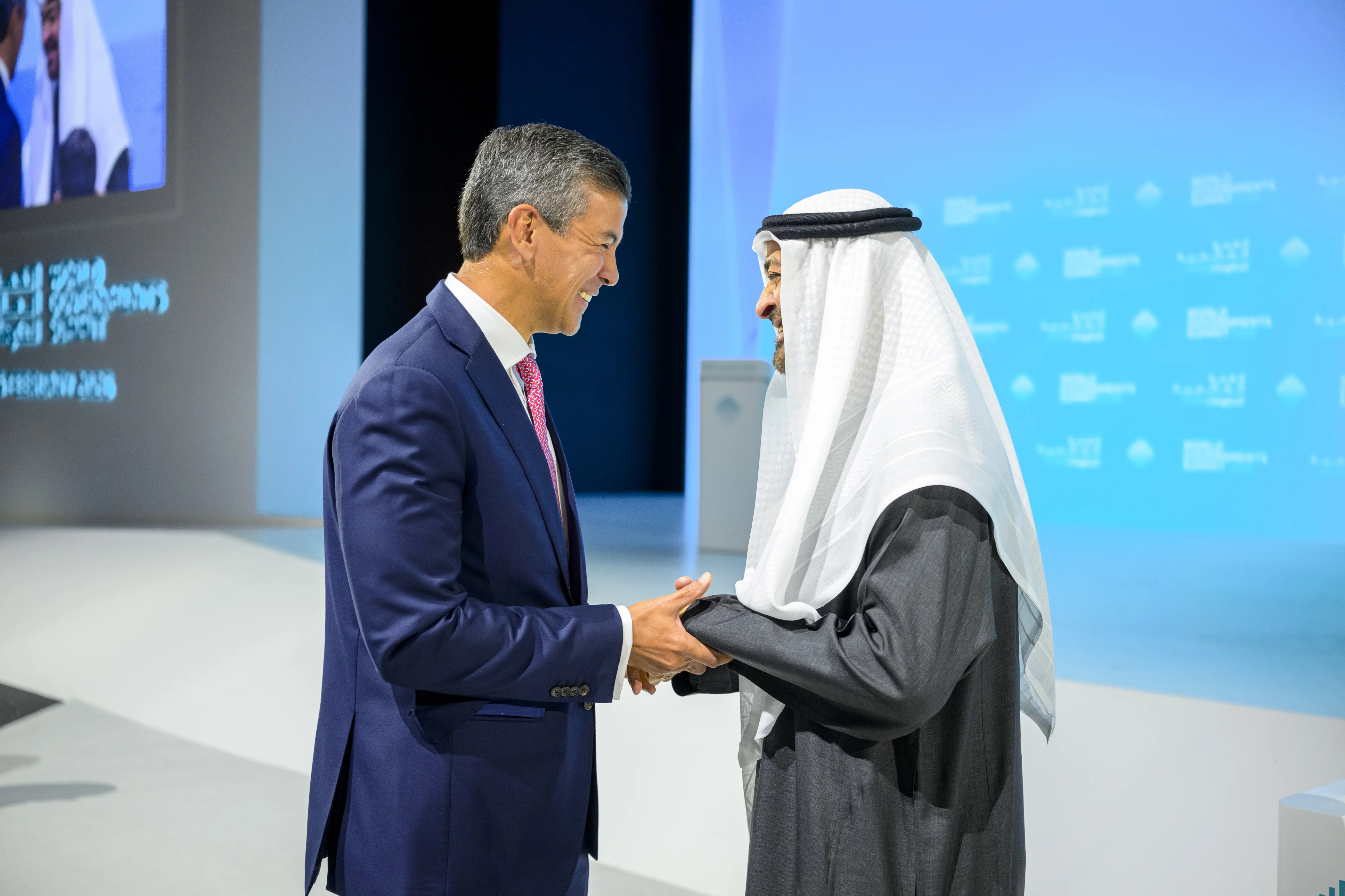 His Highness Sheikh Mohamed bin Zayed Al Nahyan, President of the United Arab Emirates, greets Santiago Pena, President of Paraguay, during the World Government Summit, February 2026