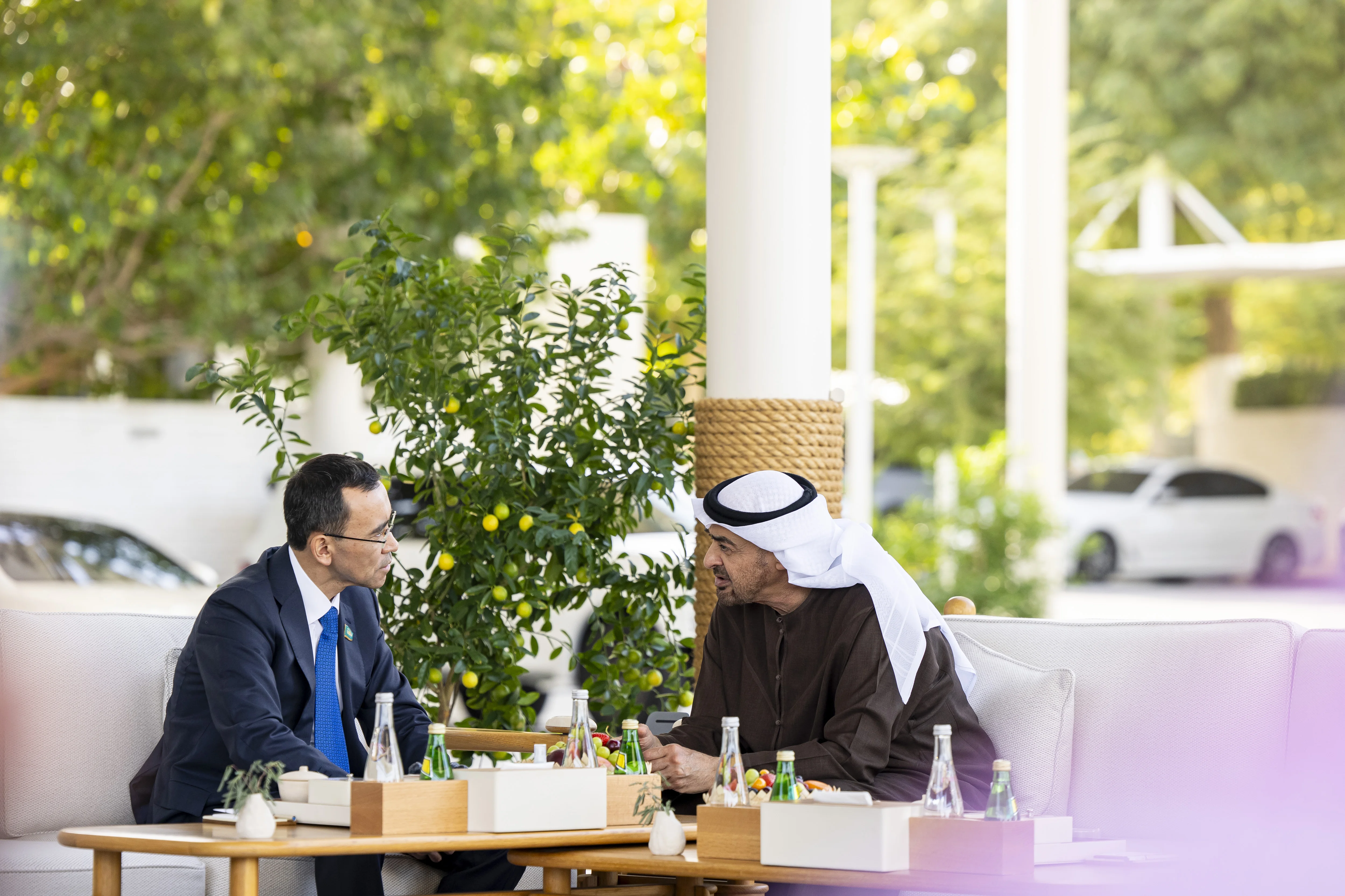 His Highness Sheikh Mohamed bin Zayed Al Nahyan, President of the United Arab Emirates, meets with Maulen Ashimbayev, Chairman of the Senate of Kazakhstan, at Al Shati Palace, February 2026